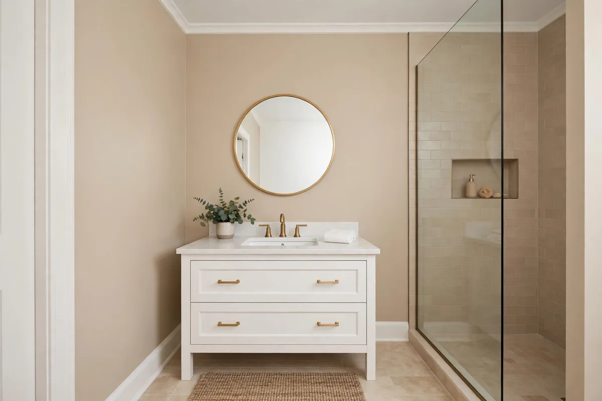 Freshly painted bathroom in warm neutral beige with crisp white trim, white vanity, round mirror and glass shower