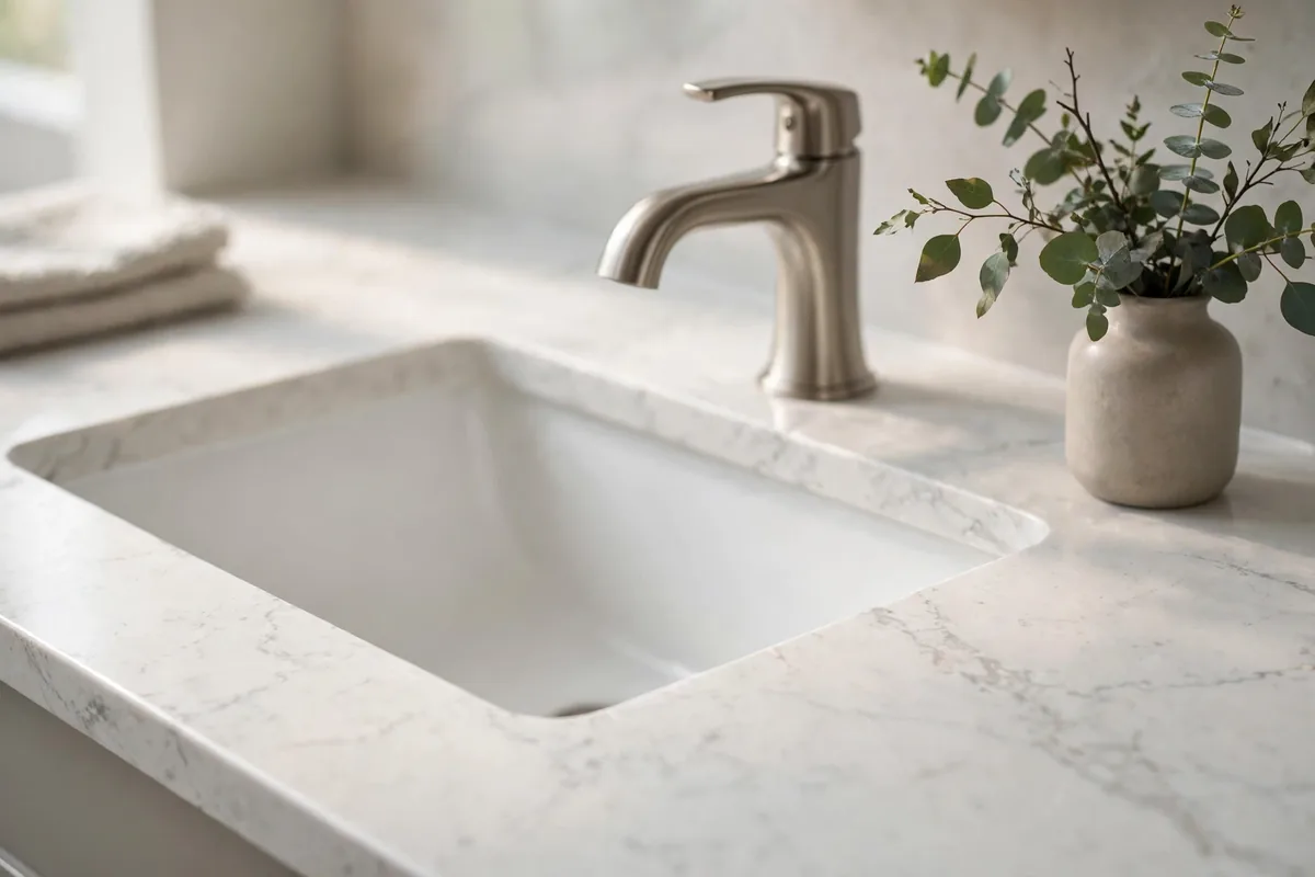 Close view of a white quartz countertop with subtle grey veining, undermount sink and brushed nickel faucet