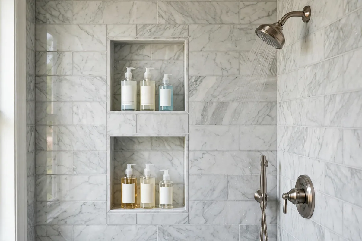 Two recessed tiled shower niches holding shampoo bottles in a marble-look tiled shower with brushed nickel fixtures