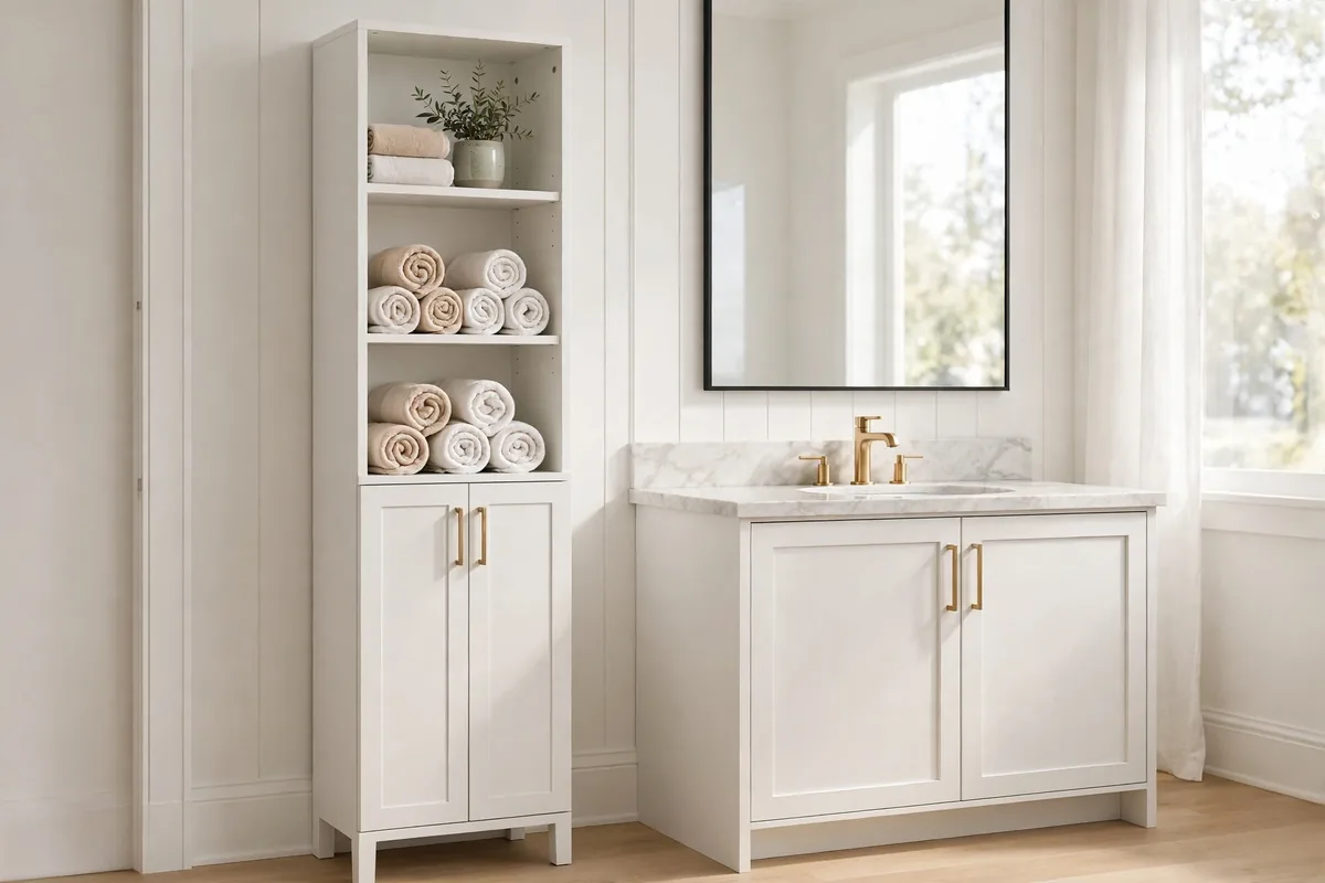 Tall narrow white bathroom storage tower with rolled towels and closed cabinets beside a matching vanity