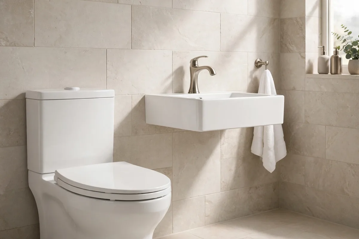 Sleek white comfort-height toilet beside a wall-hung sink with low-flow brushed nickel faucet in a light tiled bathroom