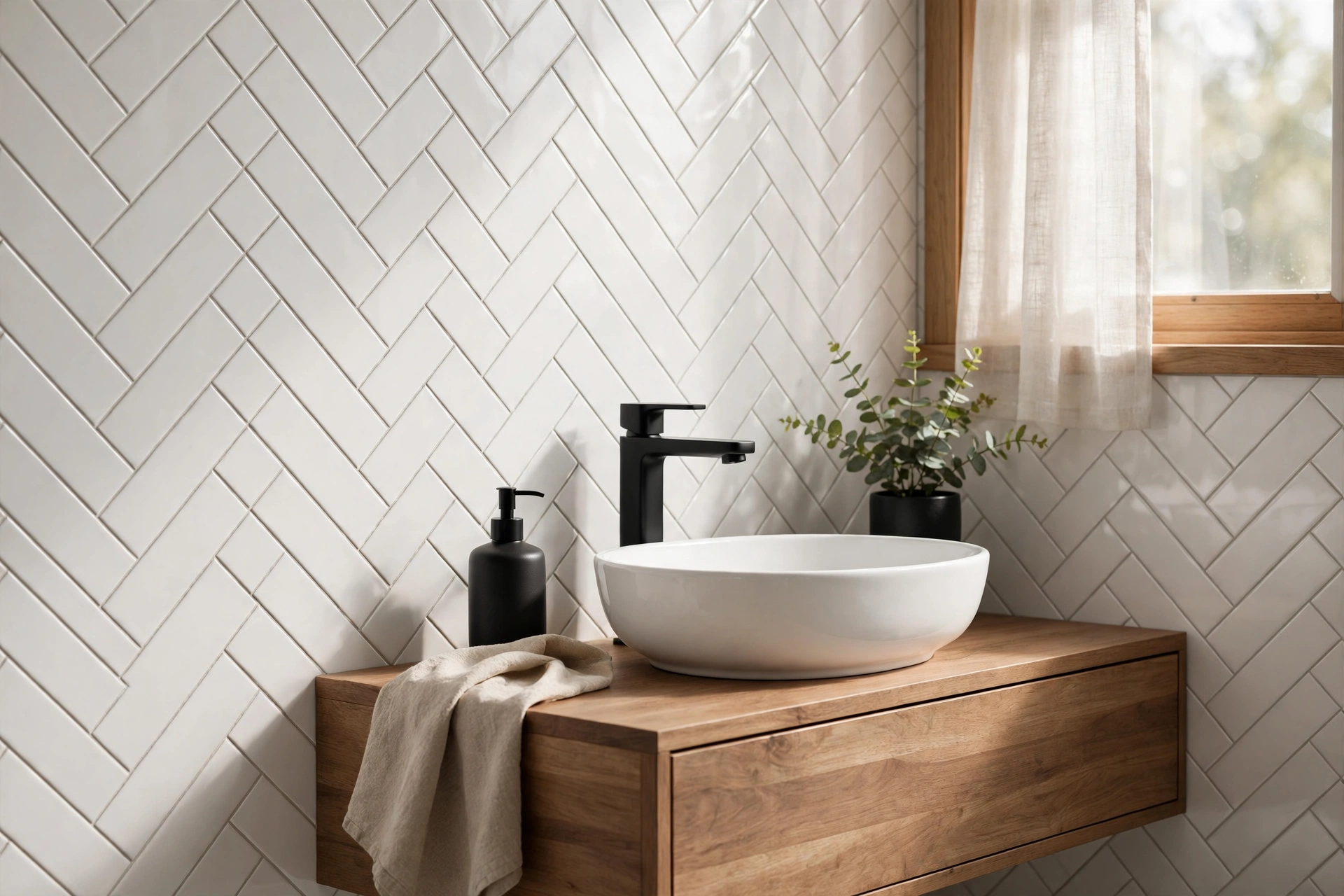 White subway tiles in herringbone pattern on a bathroom vanity wall with wood vanity and black faucet