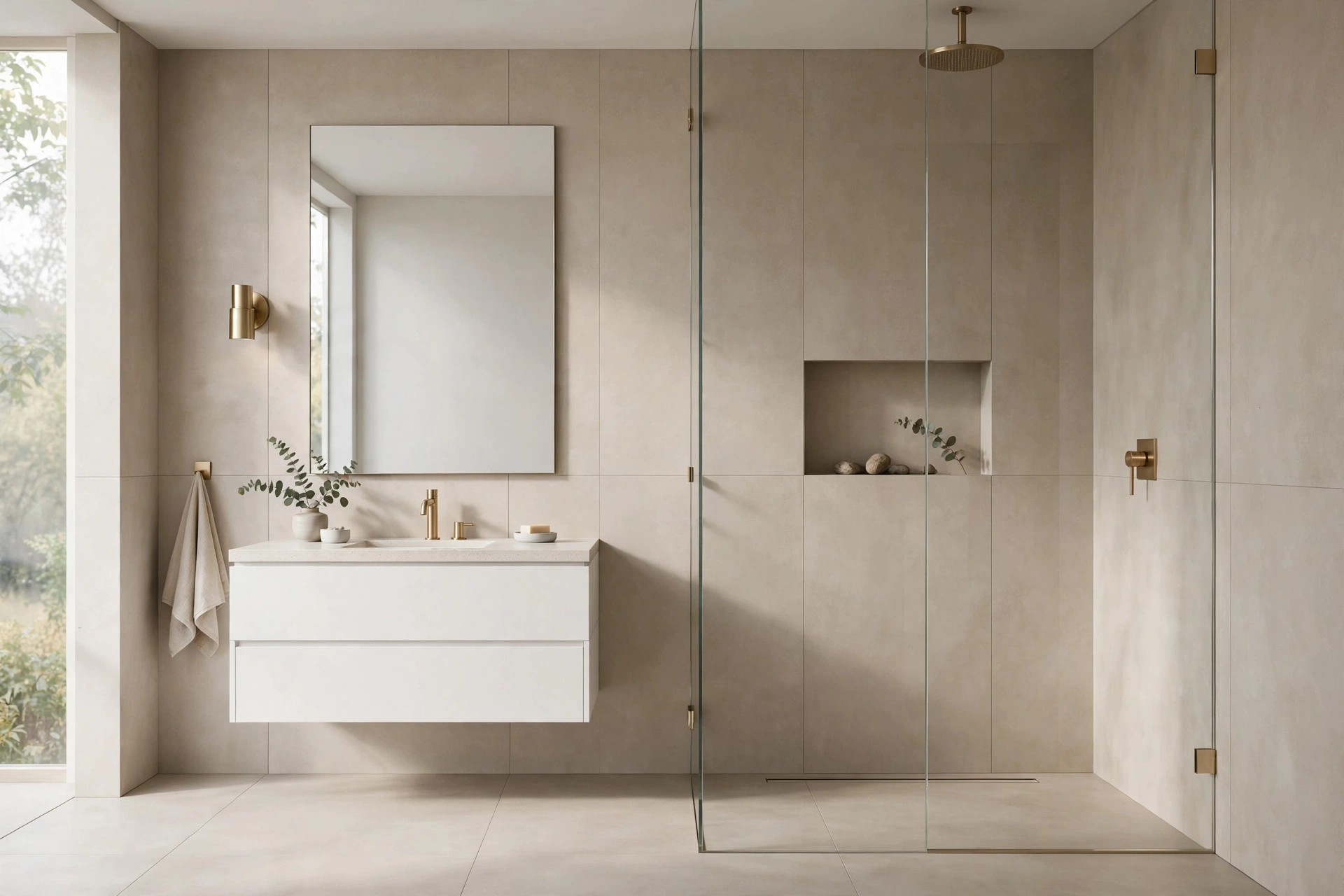 Minimalist bathroom with floor-to-ceiling large-format greige porcelain tiles and frameless glass shower