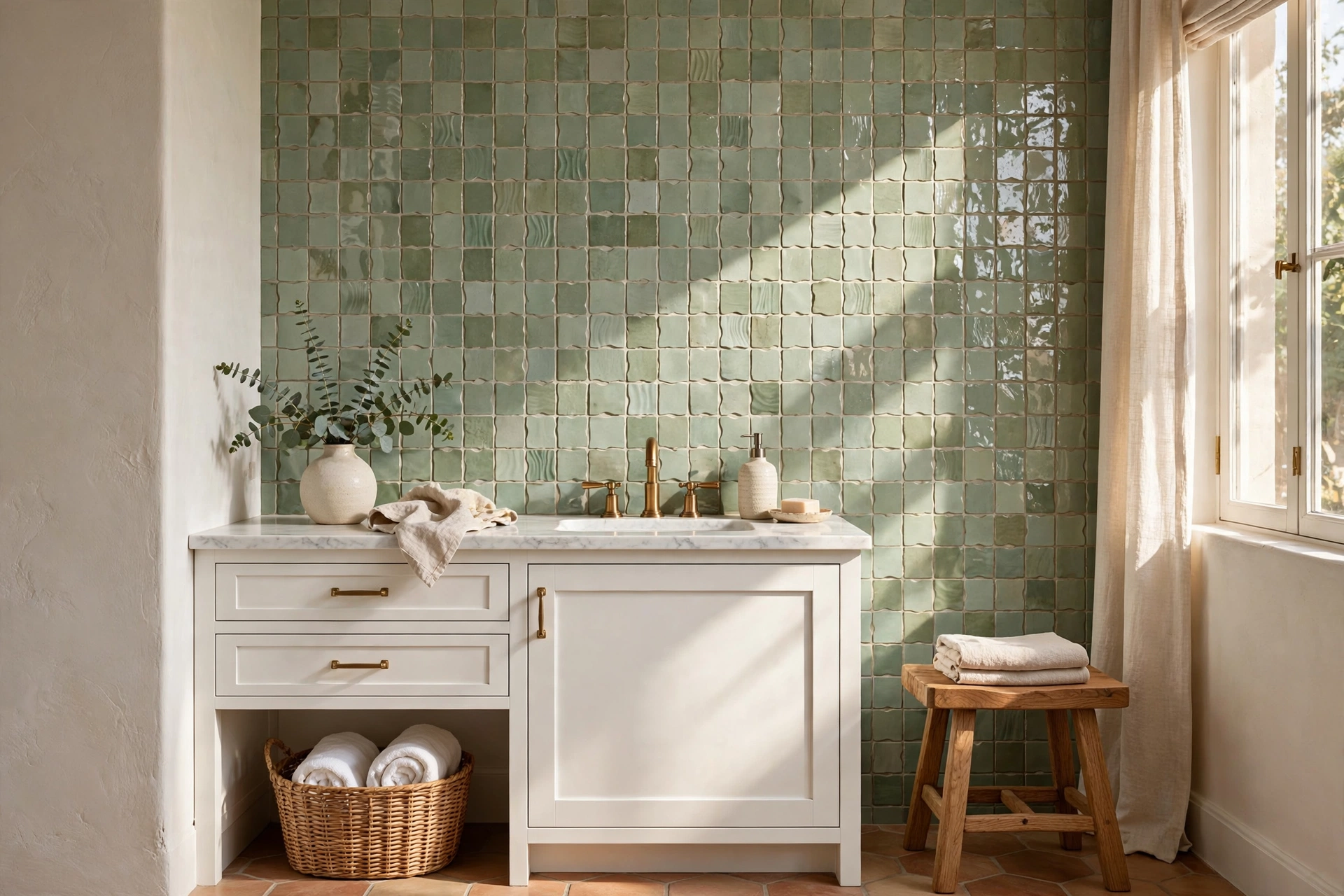 Sage green handmade-look zellige tile feature wall behind a white bathroom vanity