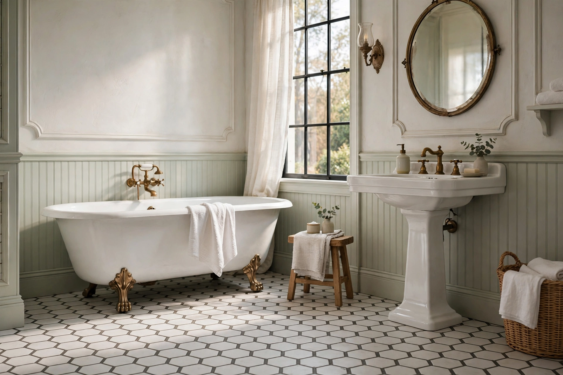 Vintage-style bathroom with white hexagon tile floor, dark grout and clawfoot tub