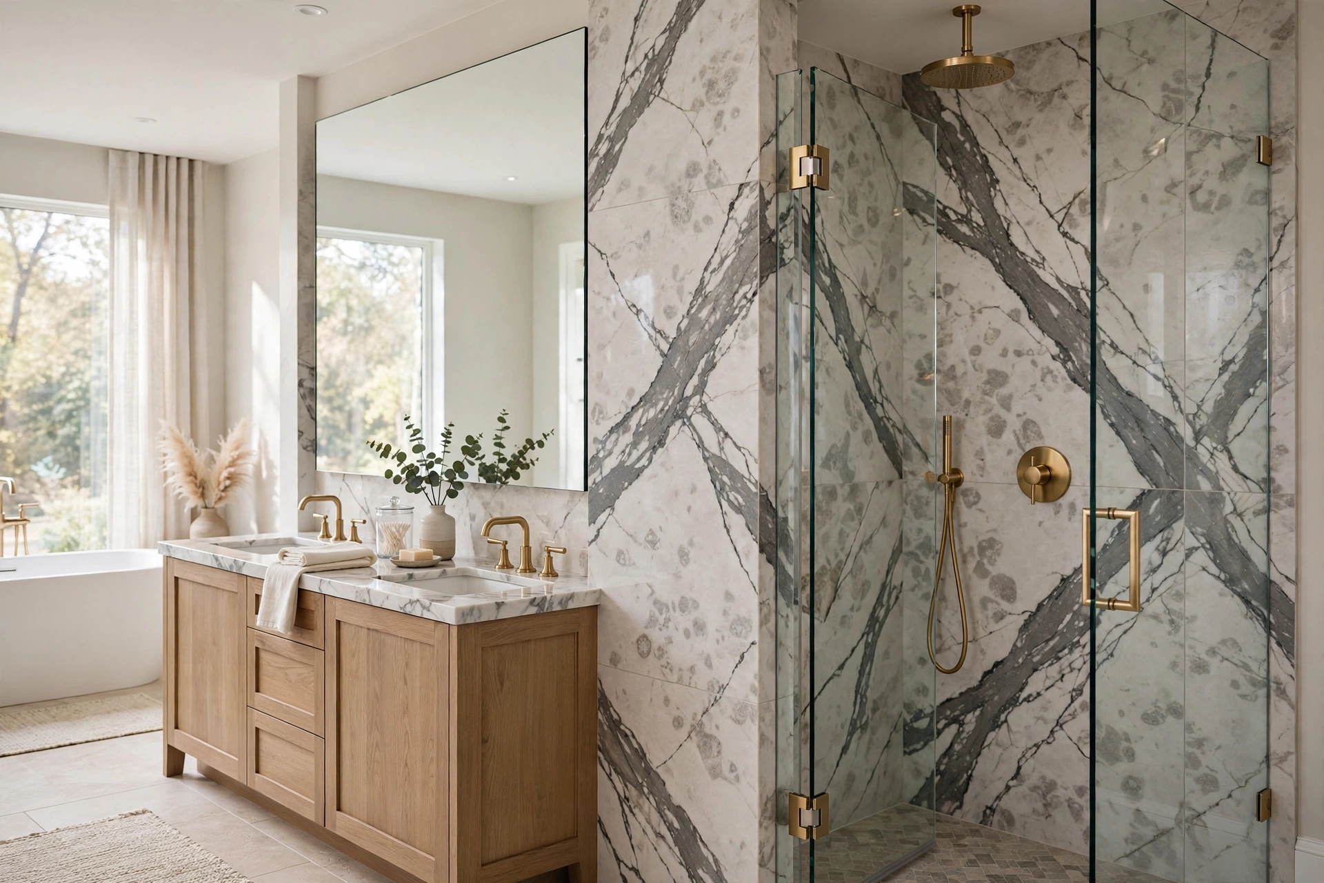 Luxurious shower with large marble-look porcelain slabs and brushed gold fixtures