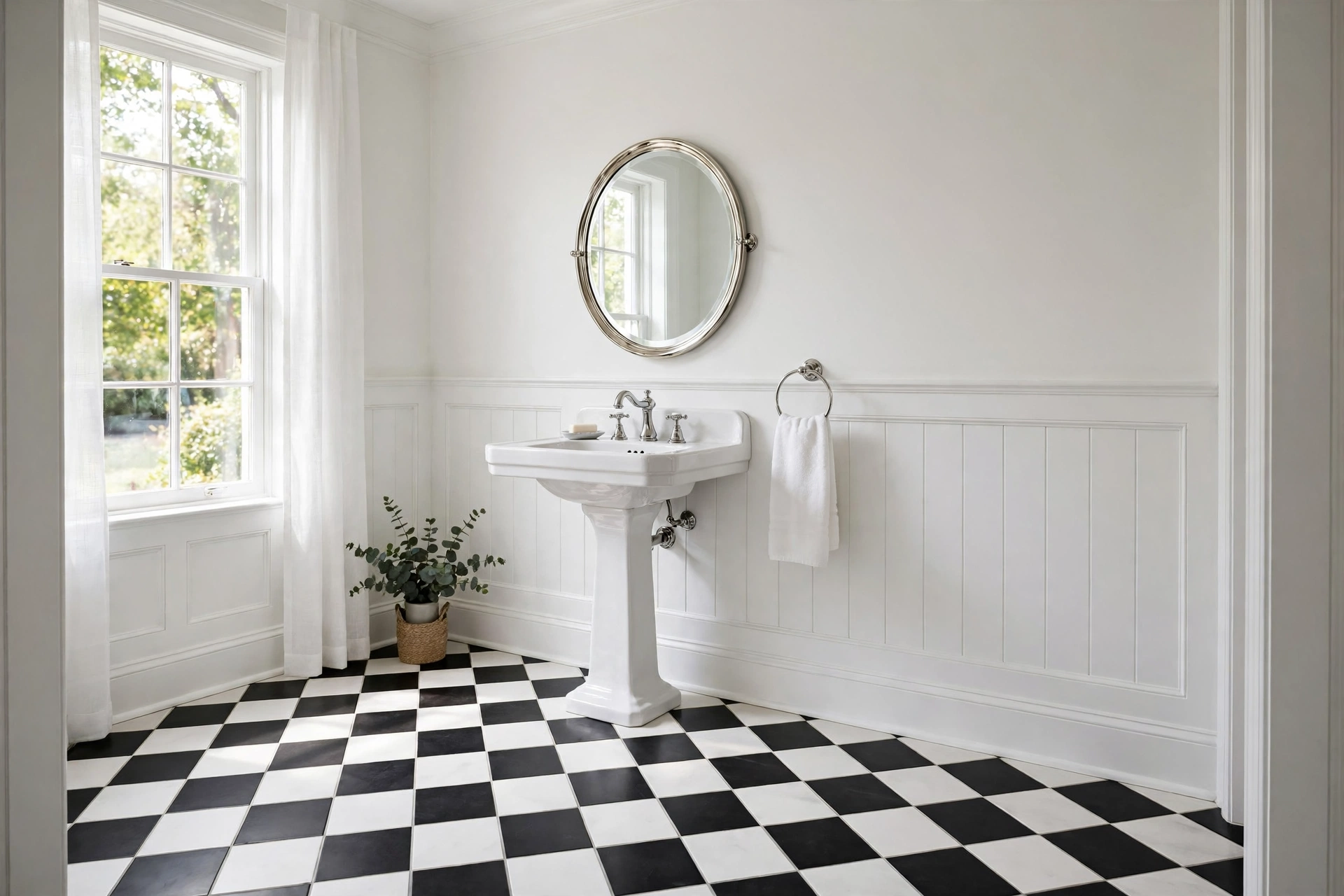 Elegant bathroom with black and white checkerboard tile floor laid on the diagonal