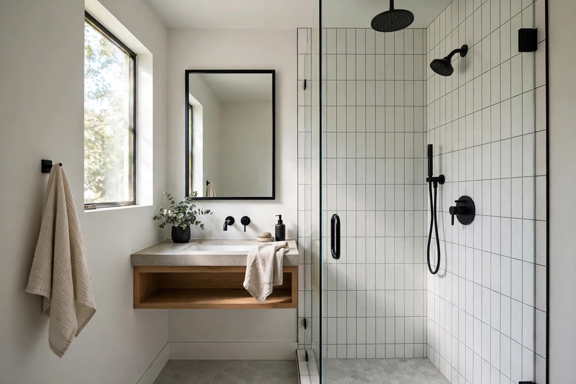 Small modern bathroom with white subway tiles stacked vertically on shower walls
