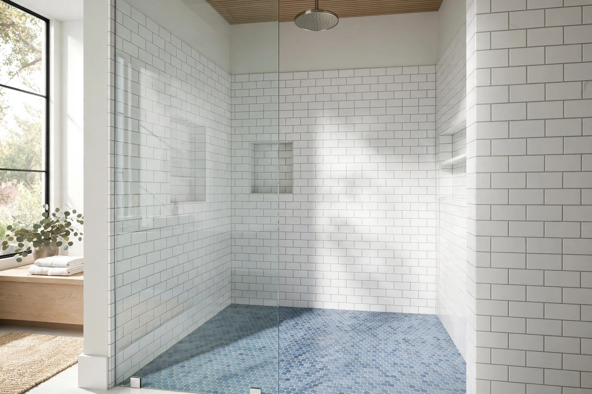 Walk-in shower with soft blue penny round mosaic tile floor and white subway walls