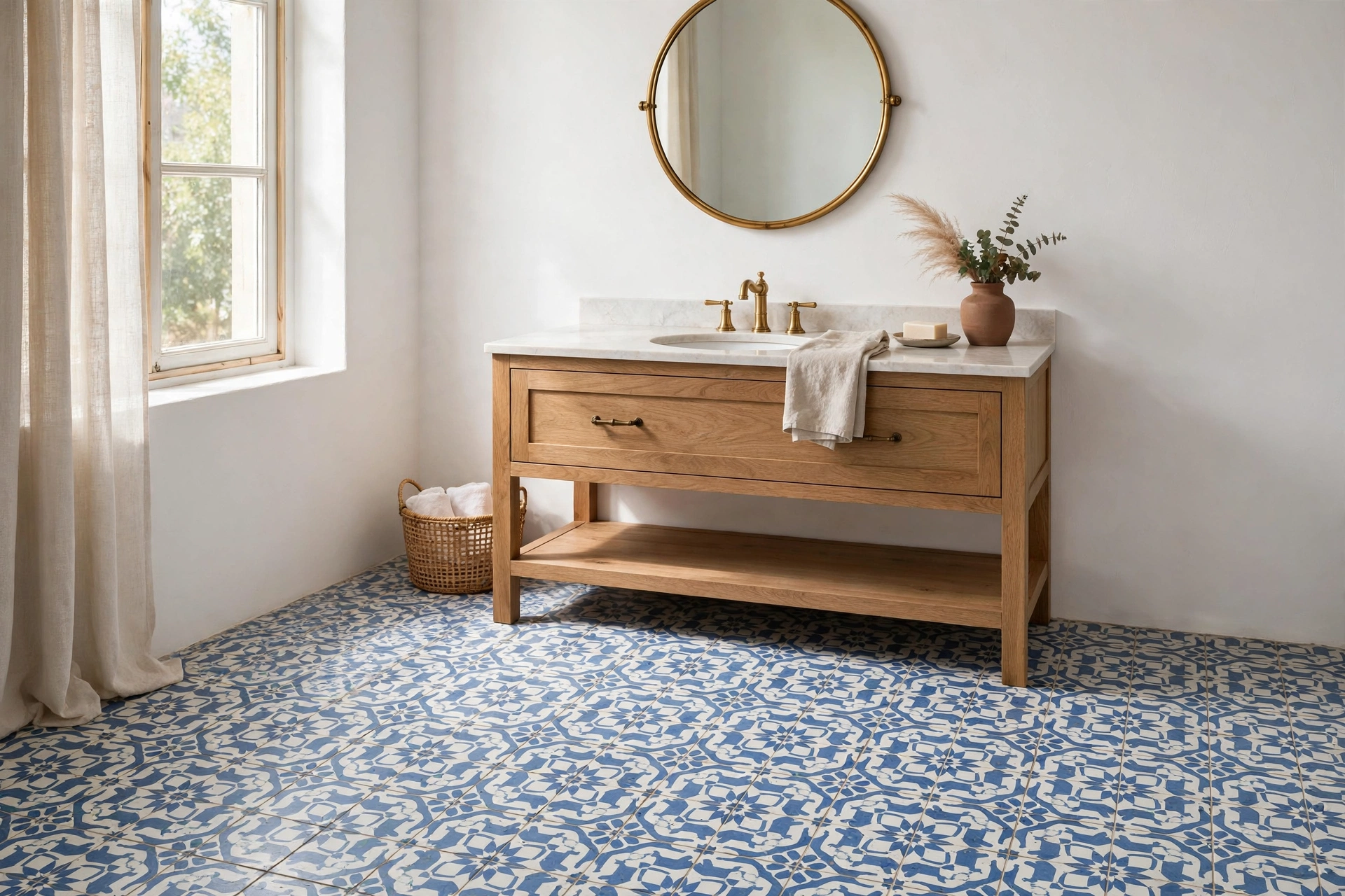 Bathroom with blue and white Moroccan patterned encaustic-style floor tiles