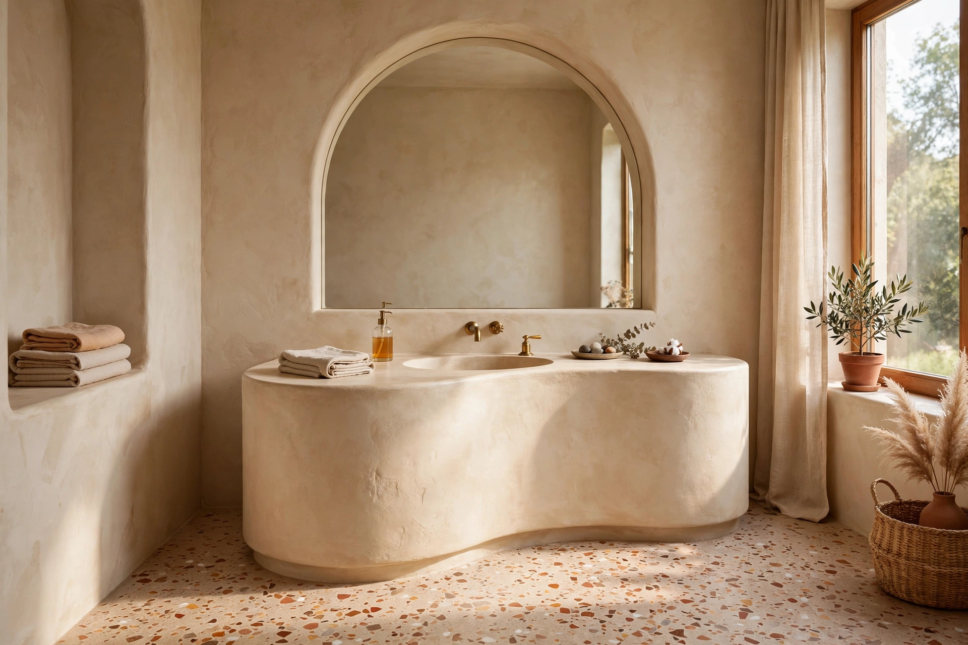 Warm modern bathroom with speckled beige and terracotta terrazzo floor tiles