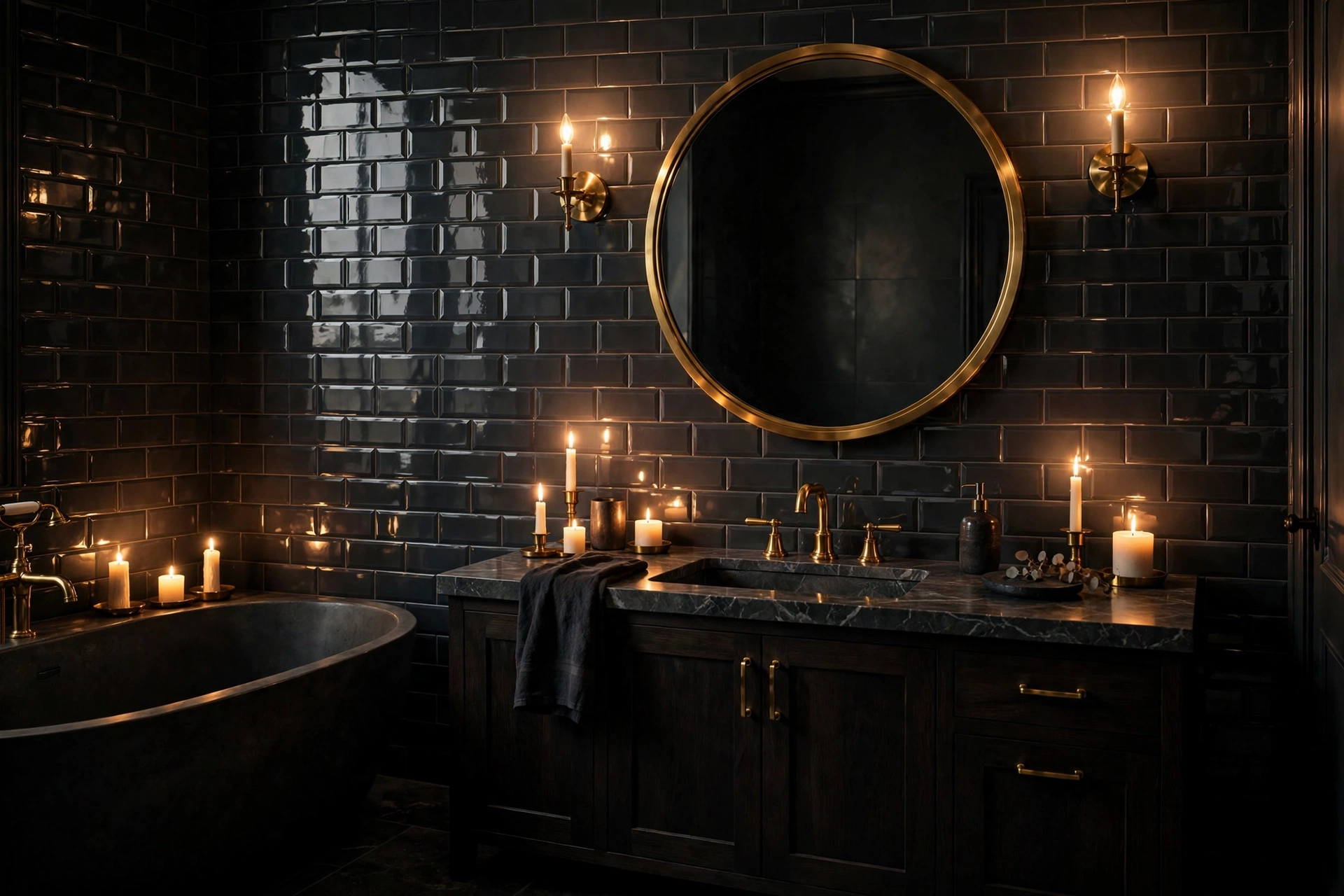 Moody bathroom with deep charcoal glossy wall tiles, round mirror and brass fixtures