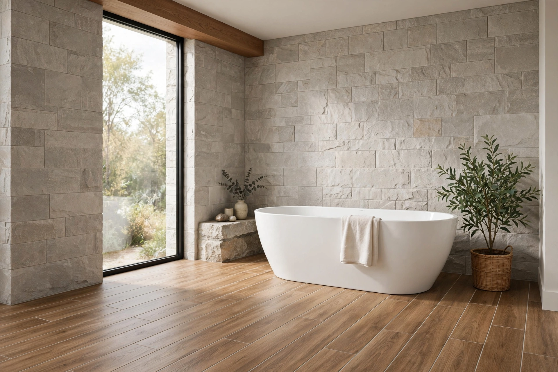 Spa-like bathroom with warm oak wood-look porcelain plank tile floor and freestanding tub