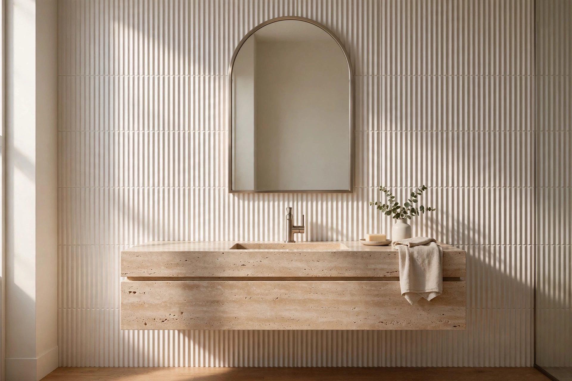 Bathroom vanity wall with fluted ribbed 3D ceramic tiles catching soft side light