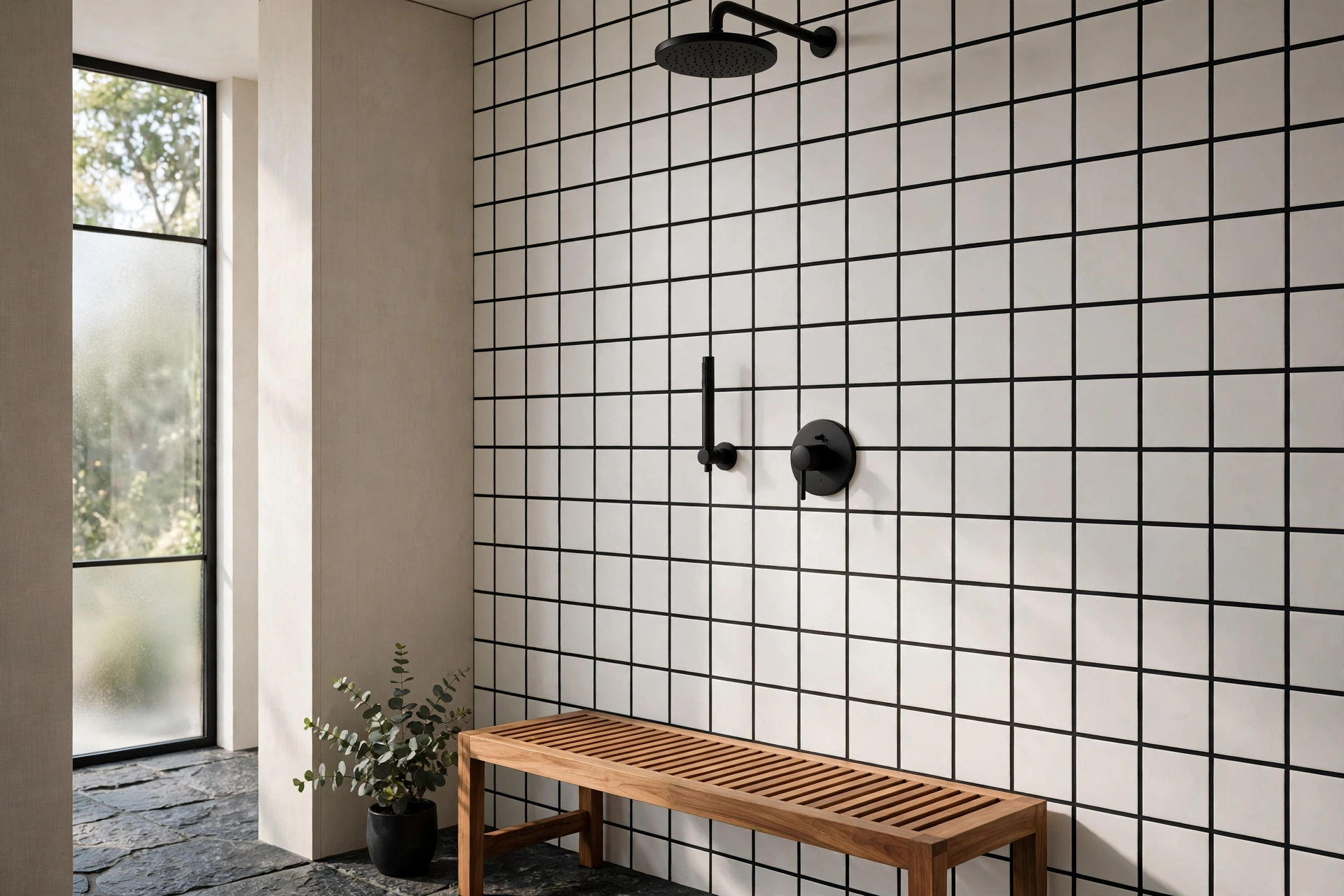 Shower with white square wall tiles and bold charcoal grout in a graphic grid