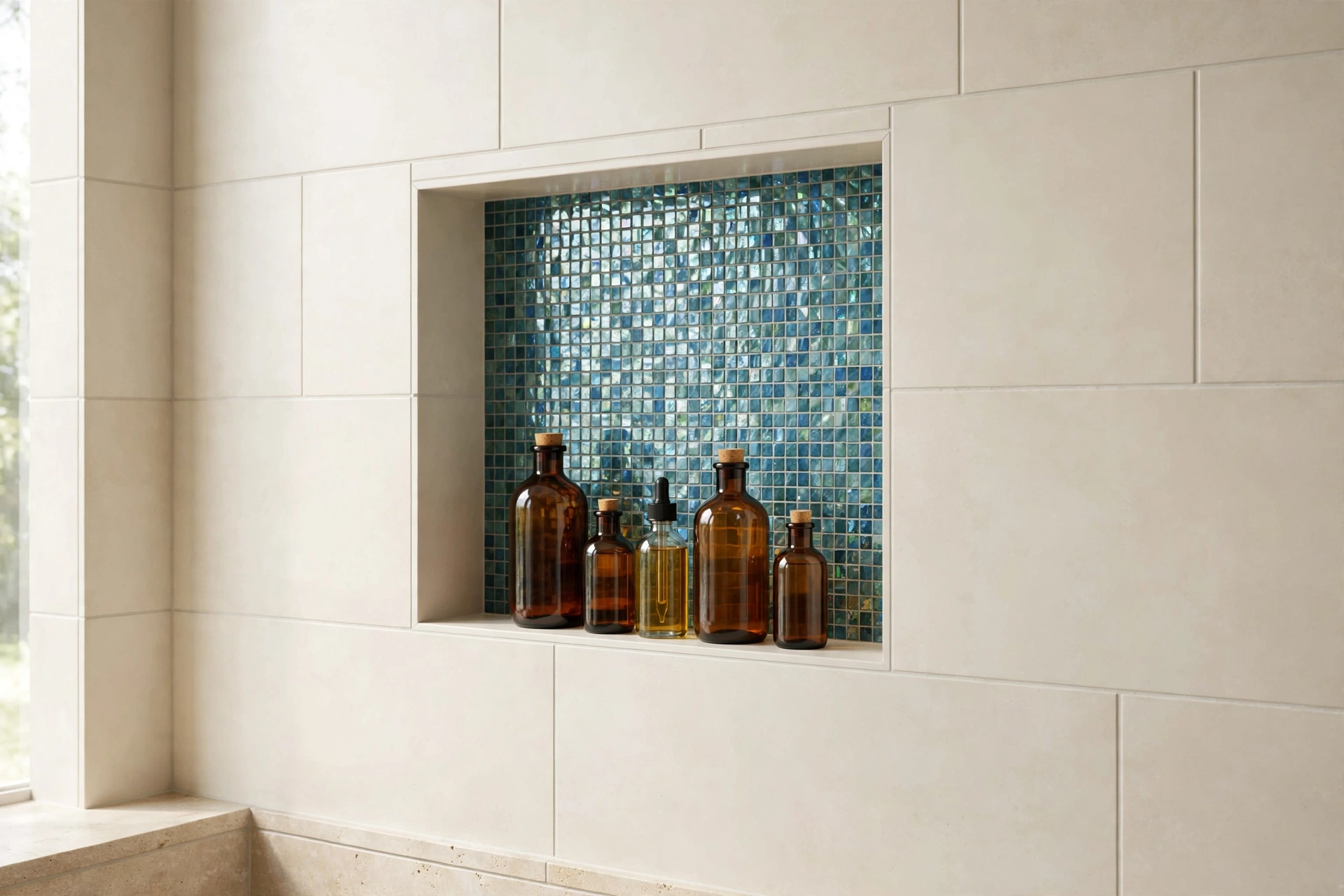 Shower niche lined with shimmering blue-green glass mosaic tiles