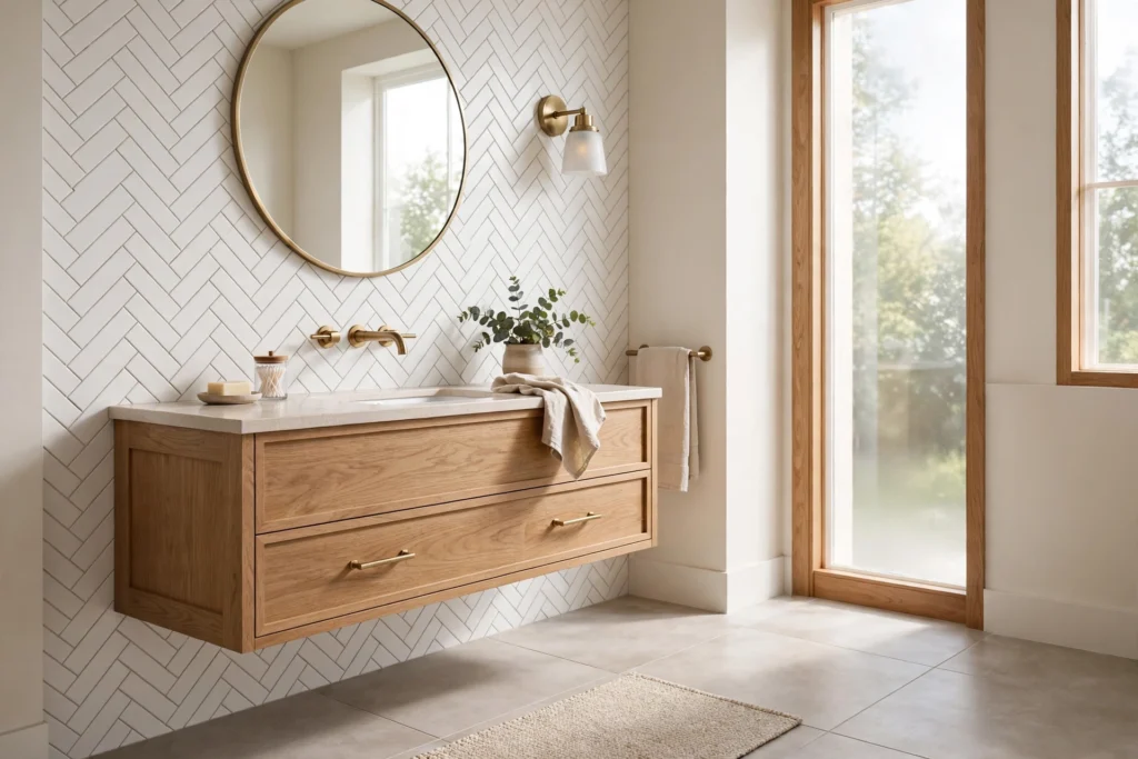 Bright modern bathroom with white herringbone subway tile feature wall, oak vanity and brass fixtures