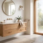 Bright modern bathroom with white herringbone subway tile feature wall, oak vanity and brass fixtures