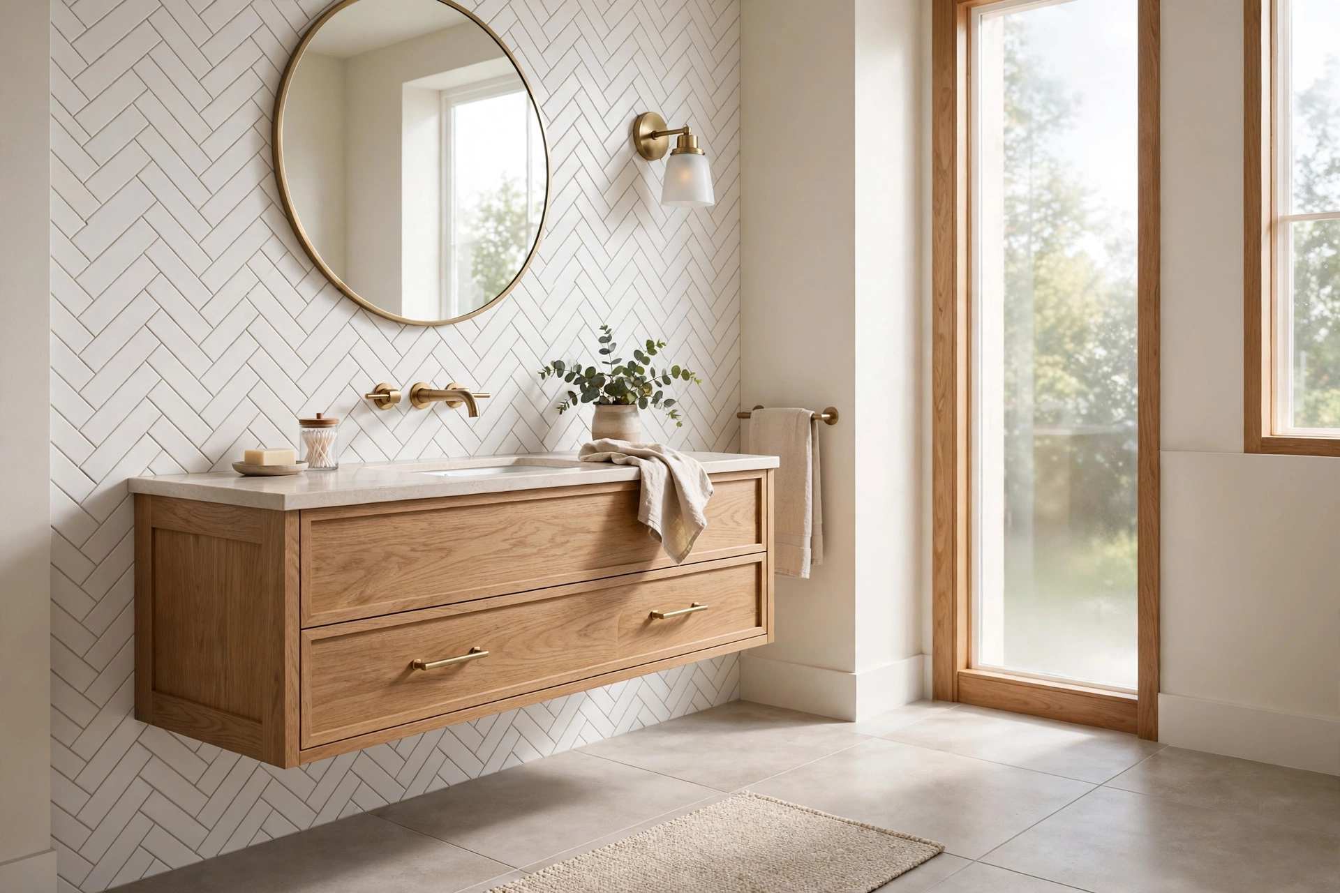 Bright modern bathroom with white herringbone subway tile feature wall, oak vanity and brass fixtures