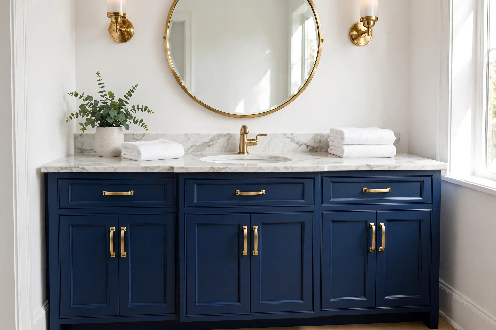 Deep navy painted bathroom vanity with gold hardware and white marble countertop