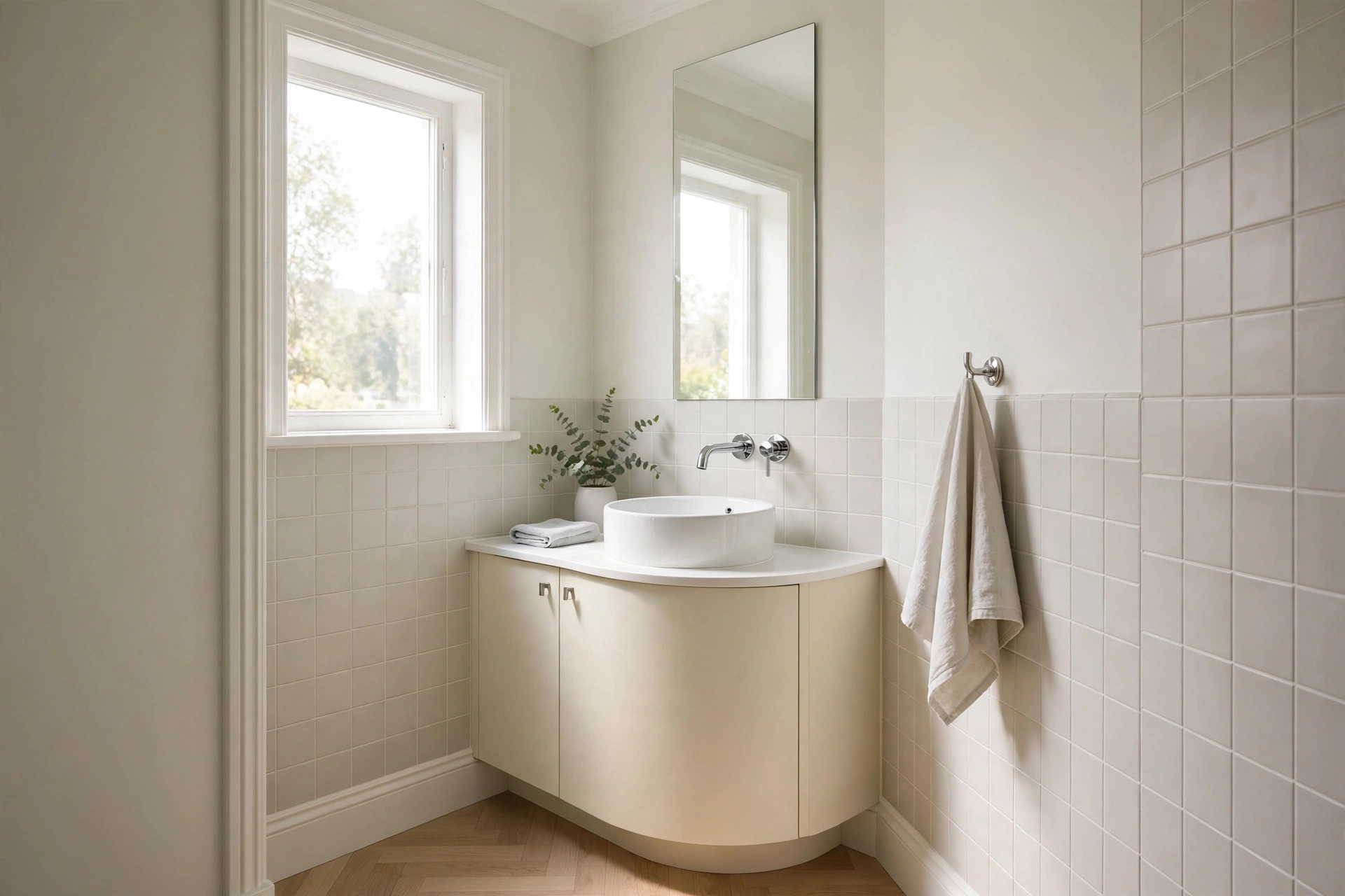Corner bathroom vanity with a curved front and light finish in a small bathroom