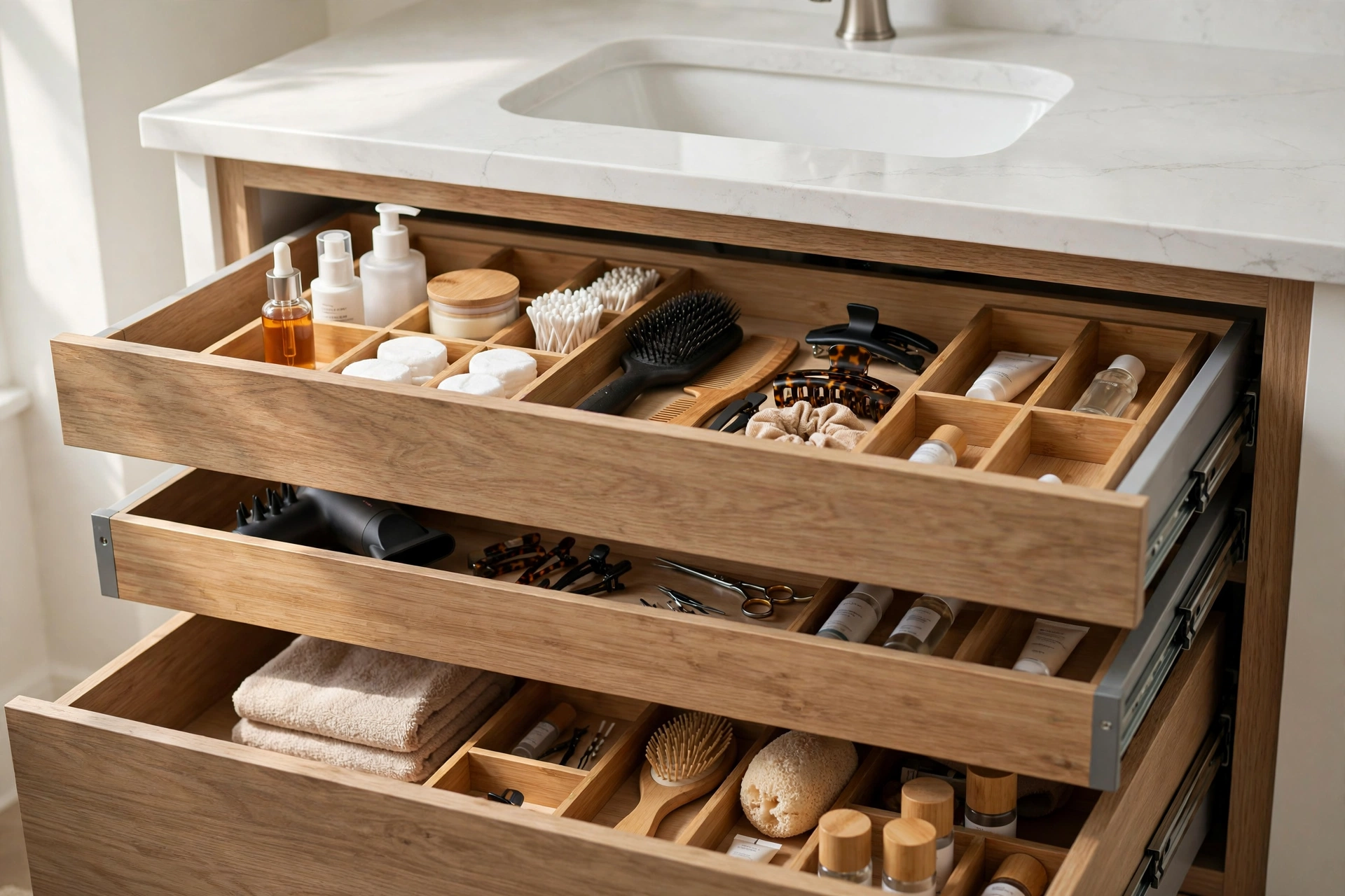 Open deep vanity drawers with bamboo organisers holding neatly arranged toiletries