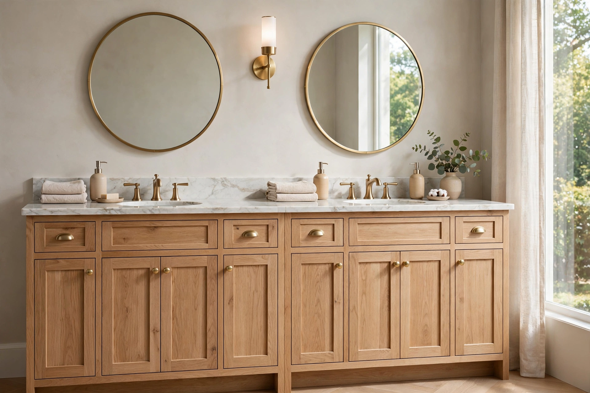 Double-sink bathroom vanity with two undermount basins, twin round mirrors and brass sconces