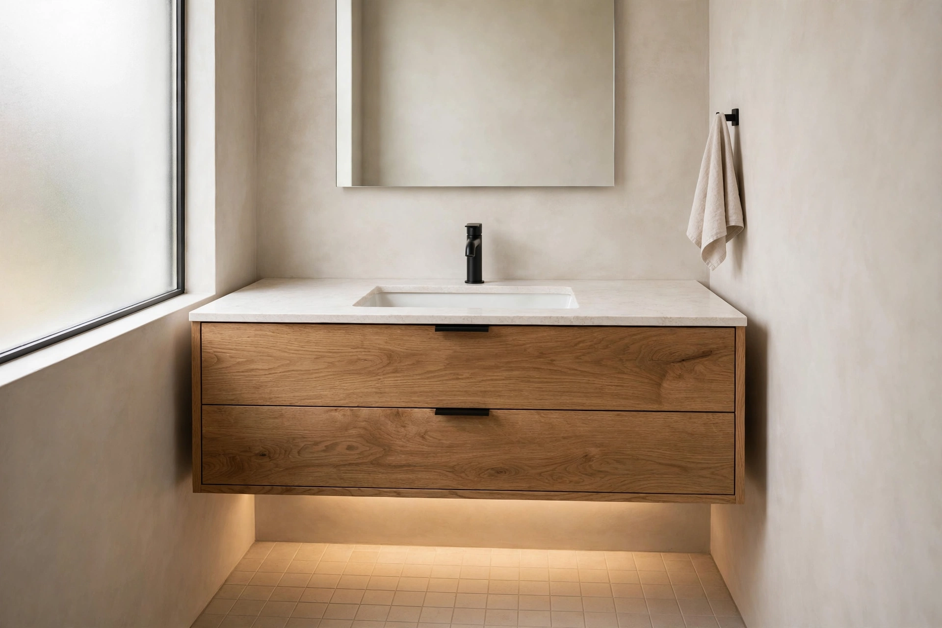 Wall-mounted floating oak vanity with deep drawers and open floor space beneath