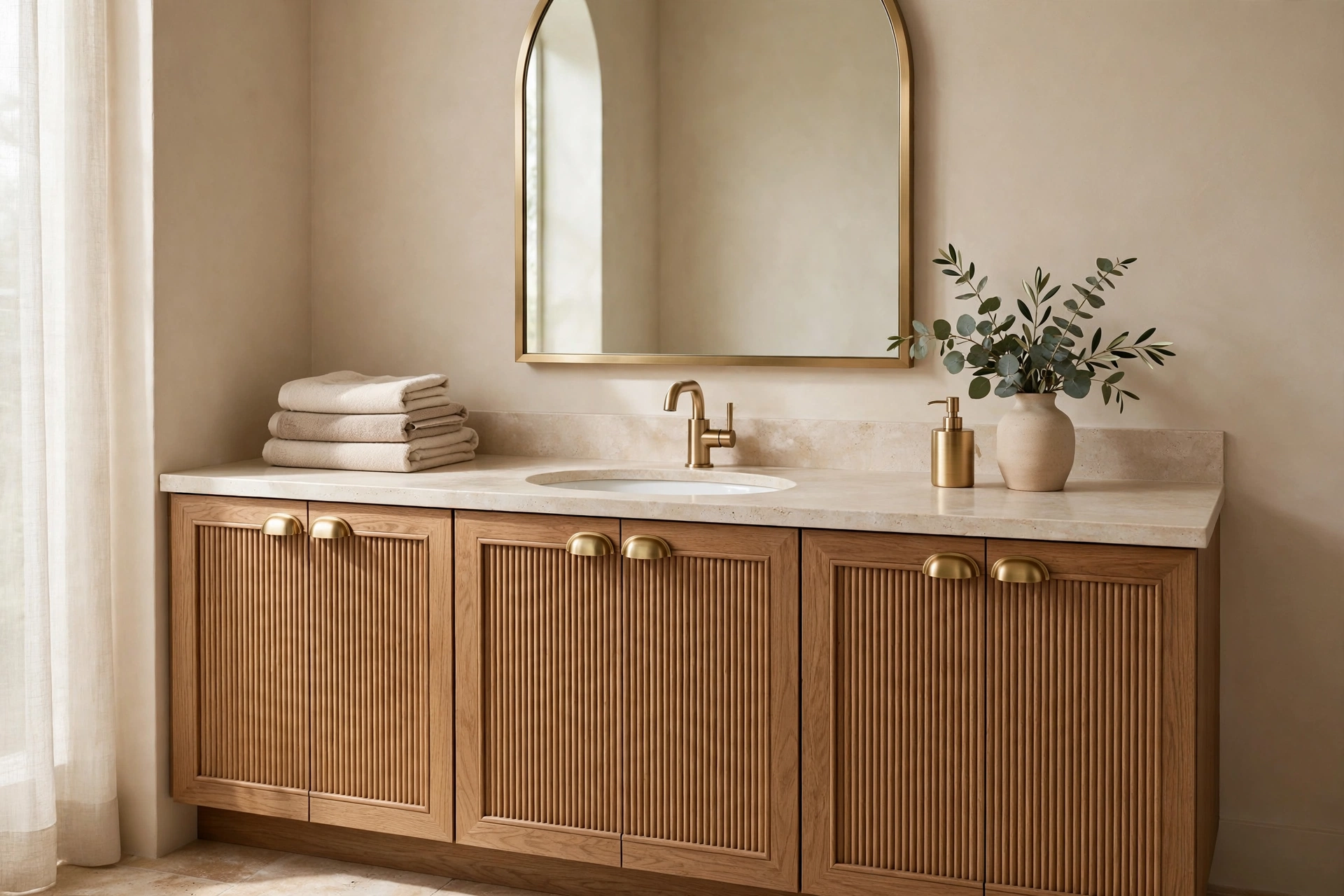 Bathroom vanity with fluted wood cabinet fronts, brass hardware and an arched mirror