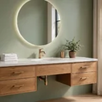 Elegant modern bathroom with a floating oak vanity, quartz countertop and round backlit mirror