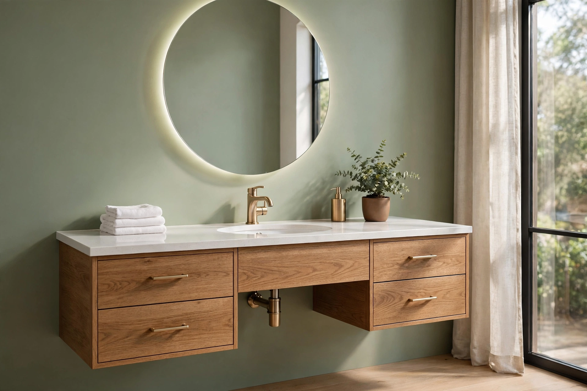 Elegant modern bathroom with a floating oak vanity, quartz countertop and round backlit mirror