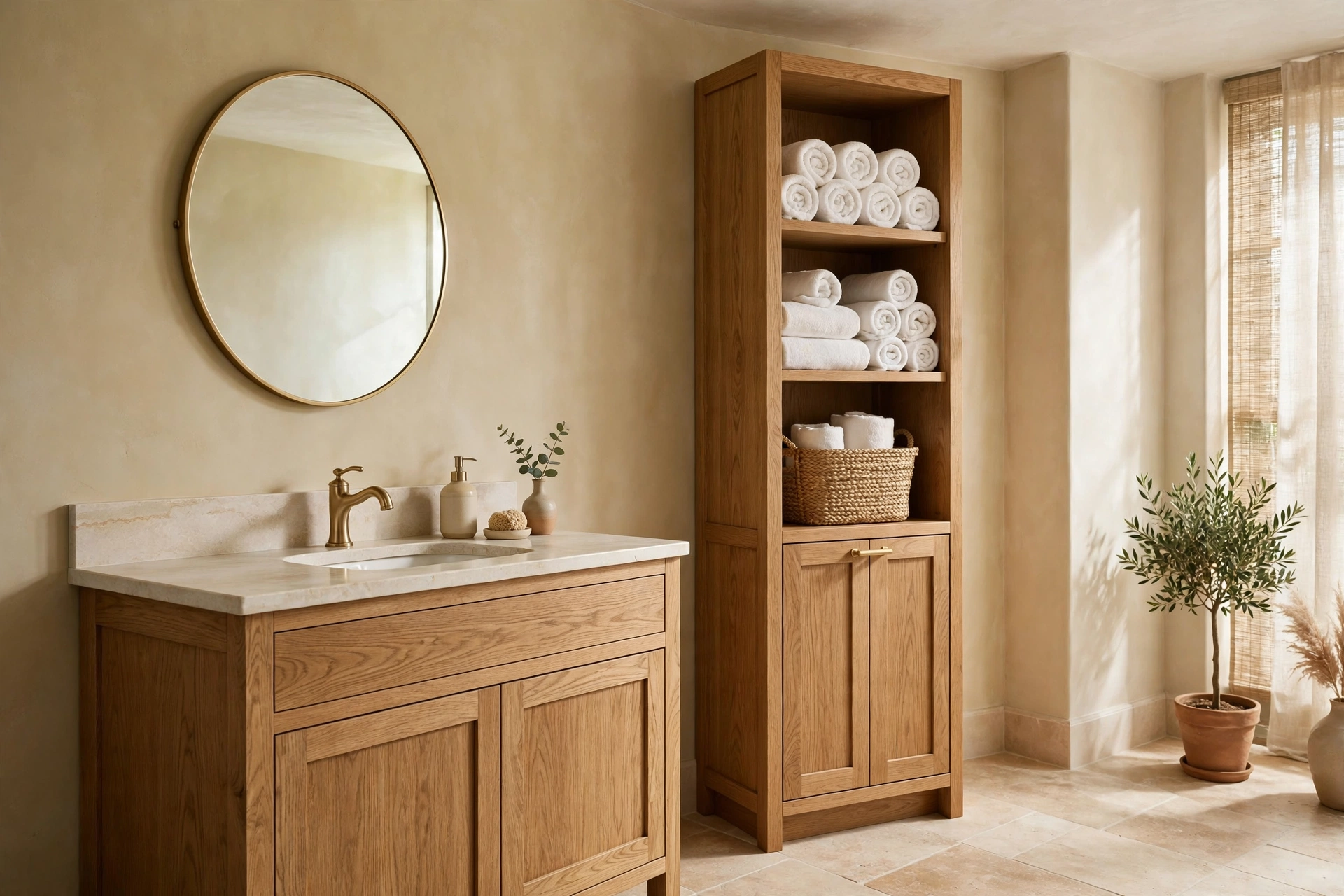 Oak bathroom vanity paired with a matching tall storage tower holding rolled towels