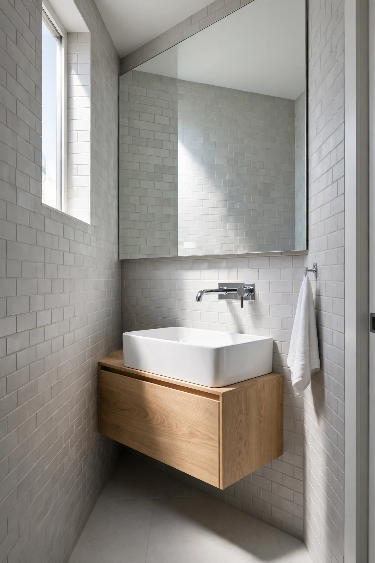 Shallow-depth wall-mounted vanity with a rectangular basin in a narrow bathroom