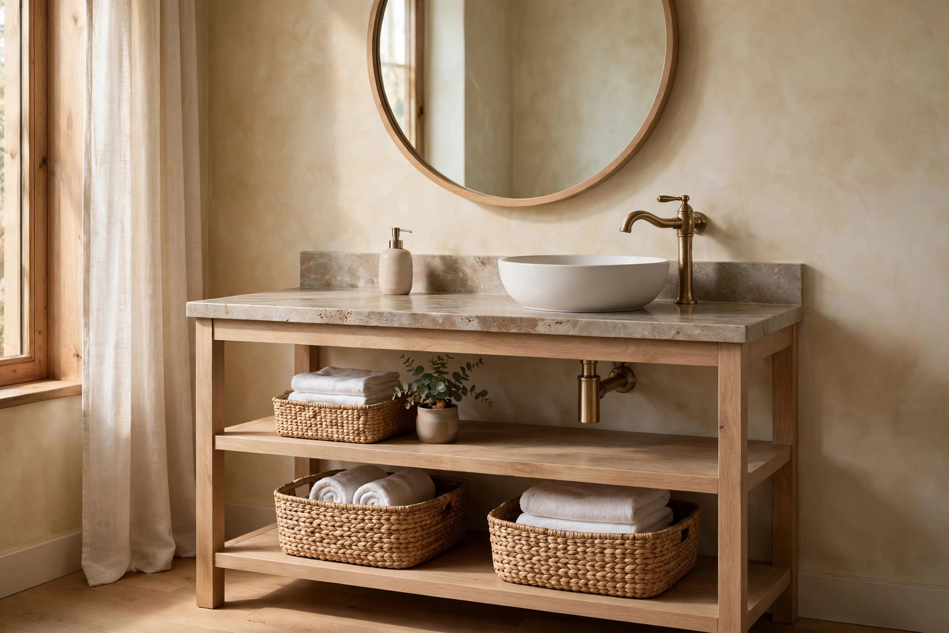 Open-shelf bathroom vanity styled with woven baskets, folded towels and a small plant