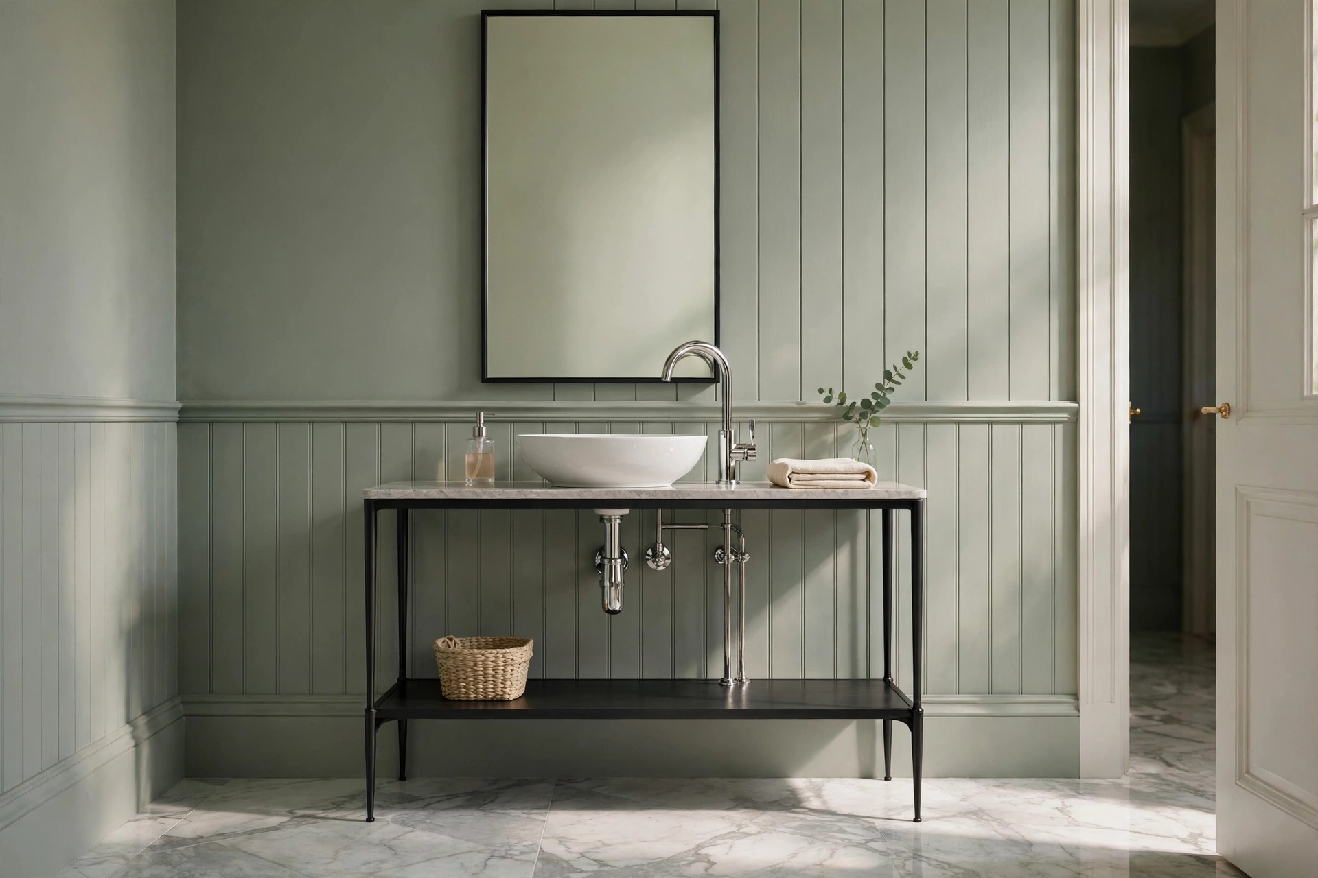 Console vanity with black metal legs and a white vessel bowl sink in an elegant powder room