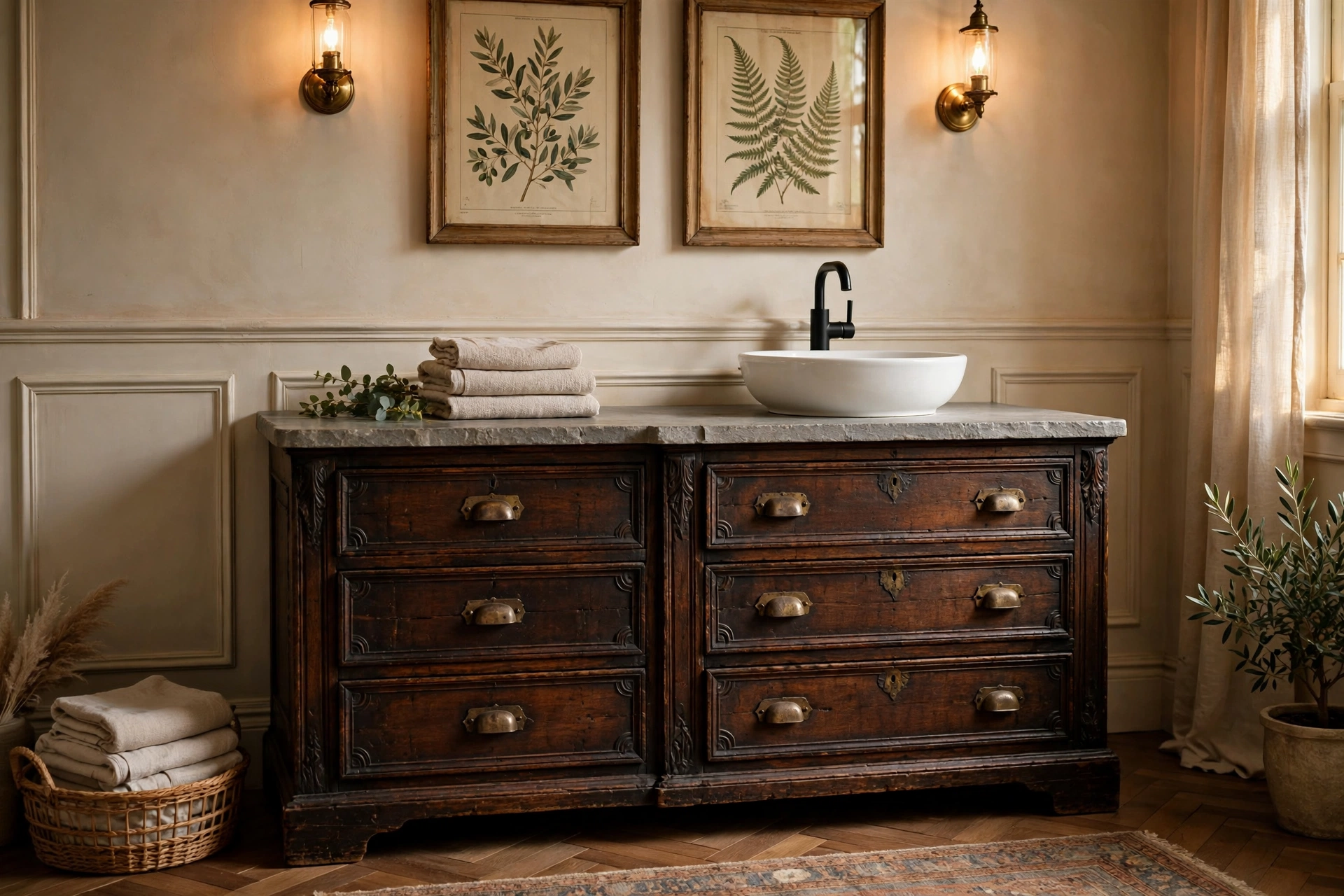 Antique dark wood dresser converted into a bathroom vanity with a white vessel sink