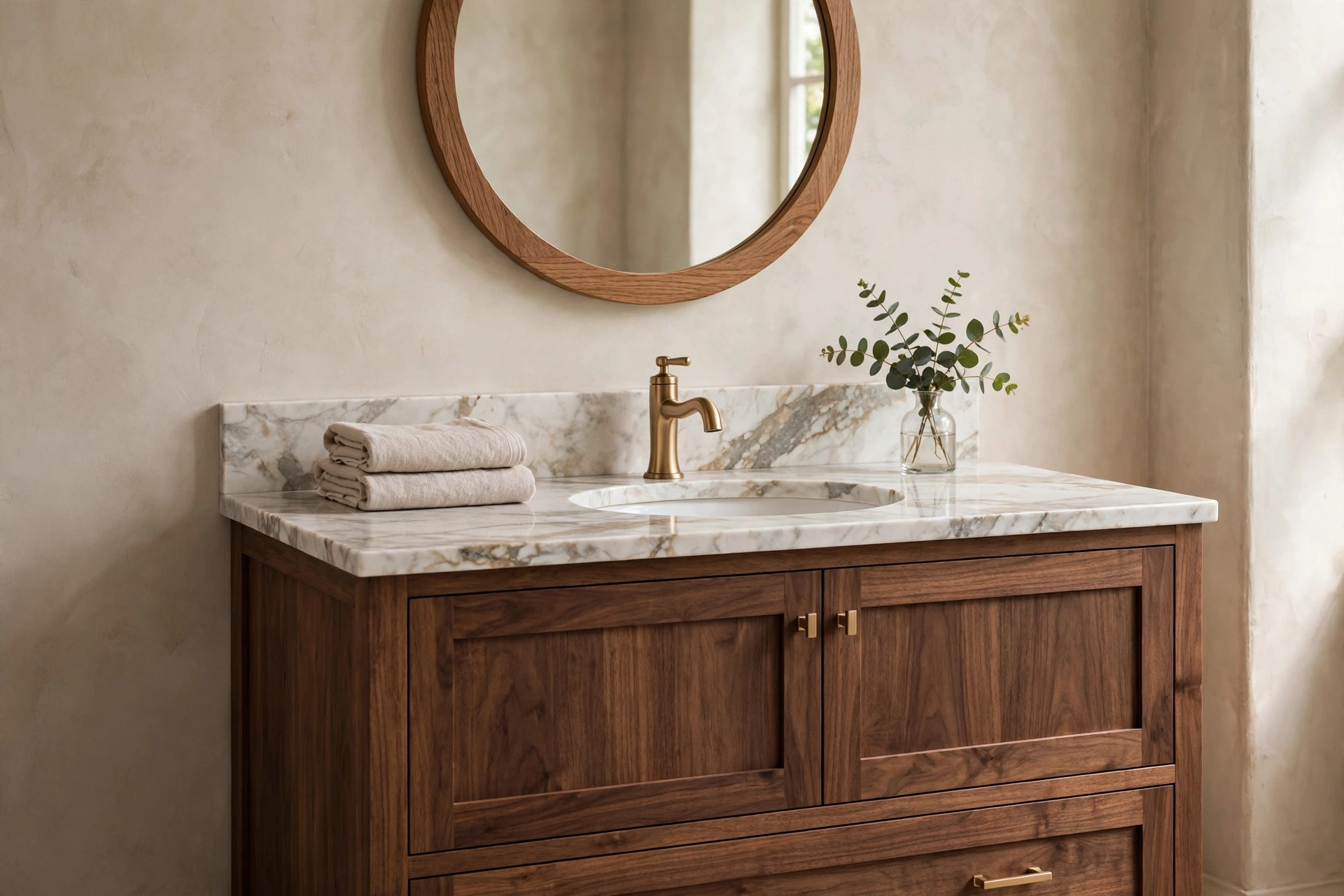 Walnut bathroom vanity with a veined marble countertop and oak mirror frame