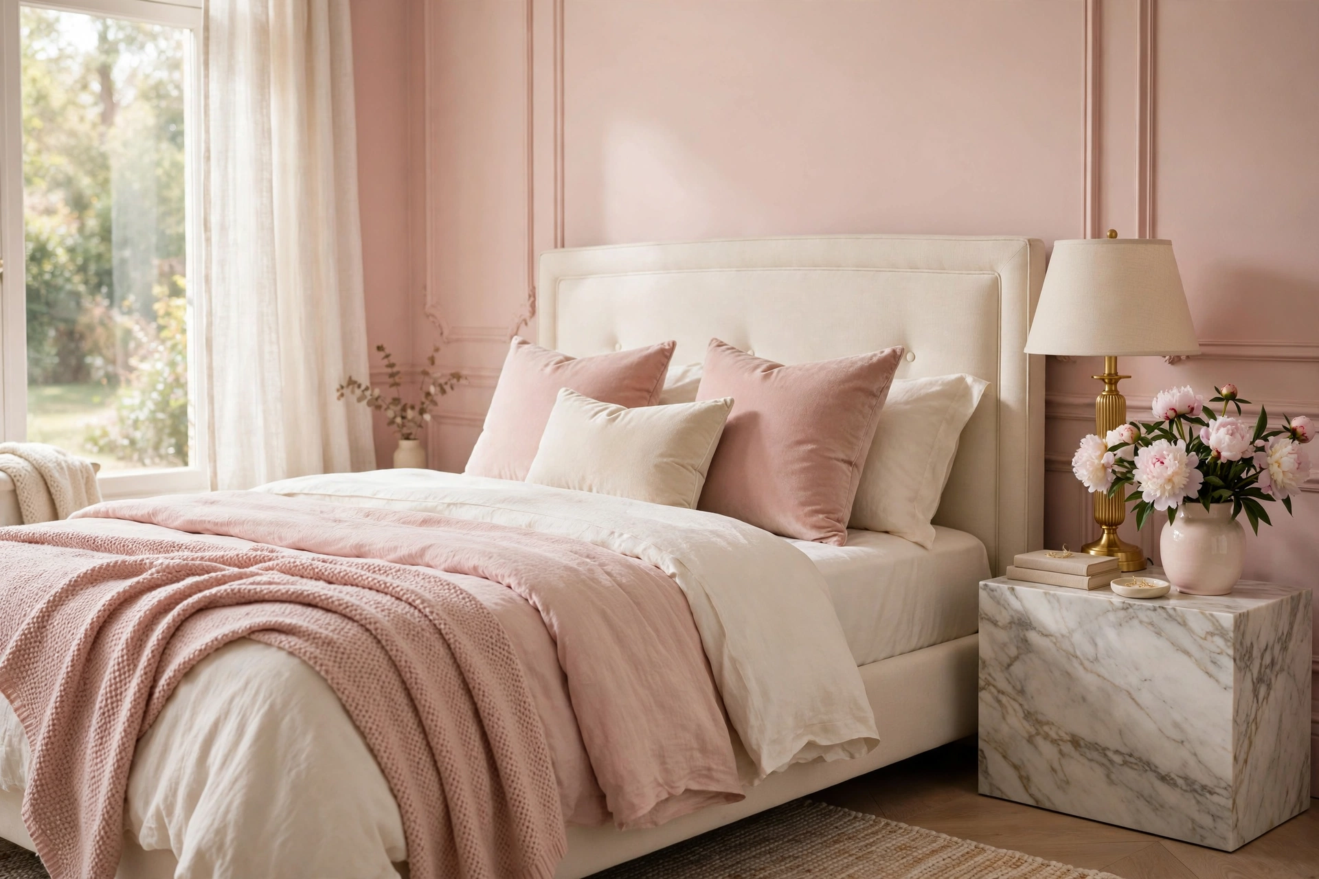 Romantic bedroom with soft blush pink painted walls, cream upholstered bed, blush and ivory bedding, gold table lamp and fresh peonies