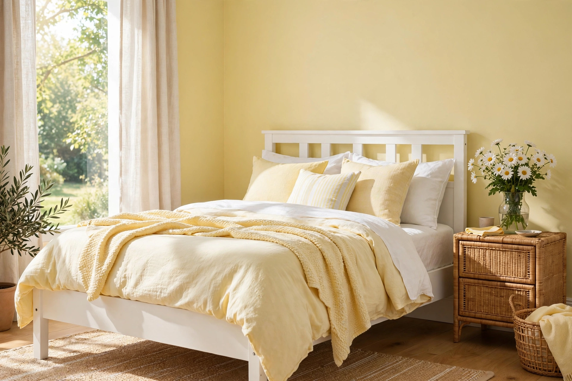 Cheerful bedroom with soft buttery yellow painted walls, white wooden bed, white and pale yellow bedding and bright morning sunlight