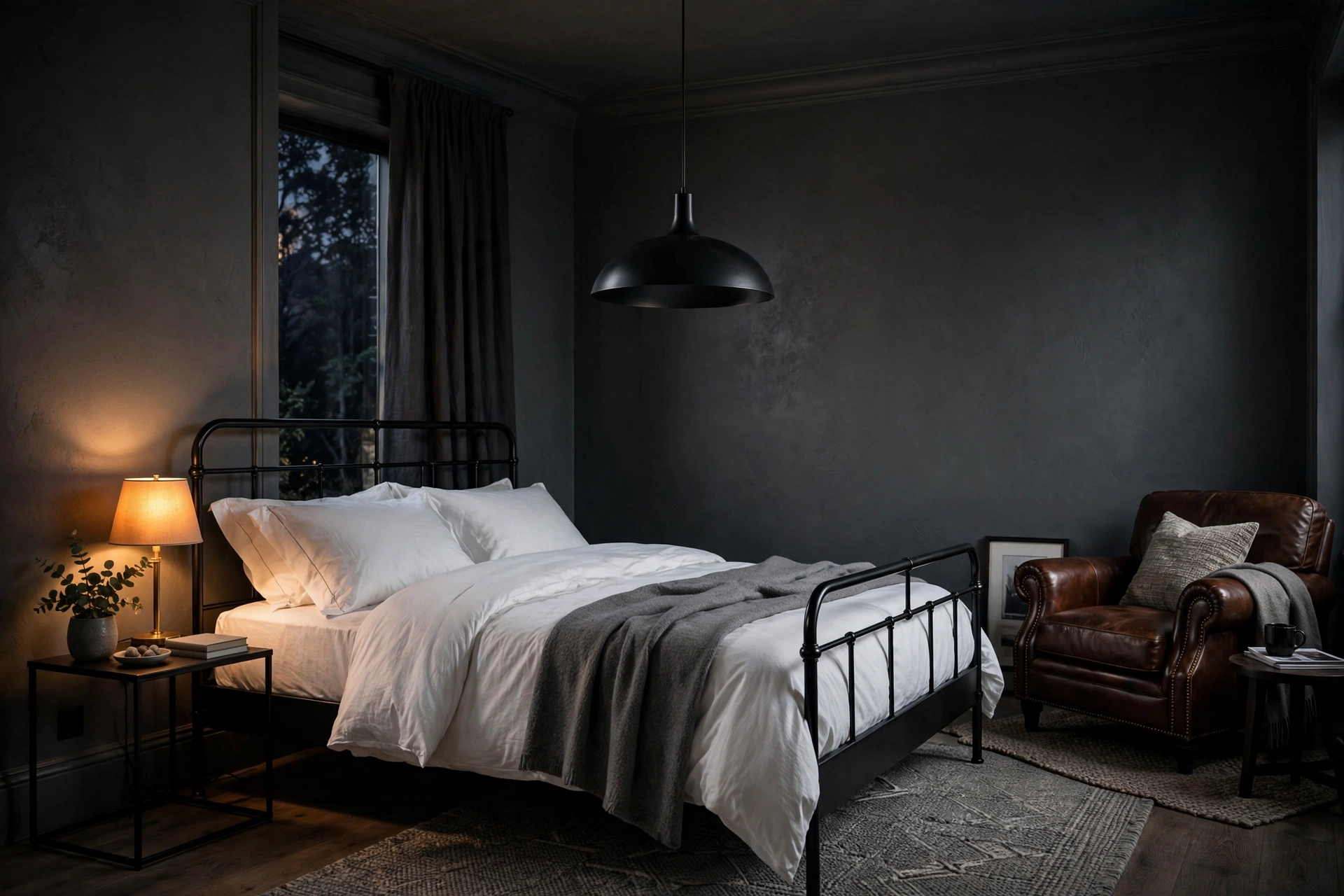 Sophisticated bedroom with dark charcoal grey painted walls, black metal bed frame, crisp white bedding and a dramatic pendant light