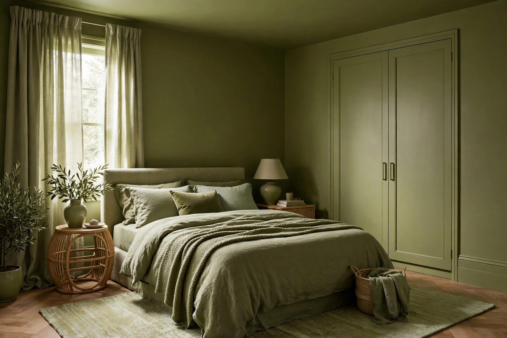 Bedroom with walls, ceiling, skirting and wardrobe all painted in warm olive green, tonal green bedding and curtains in a seamless colour-drenched look