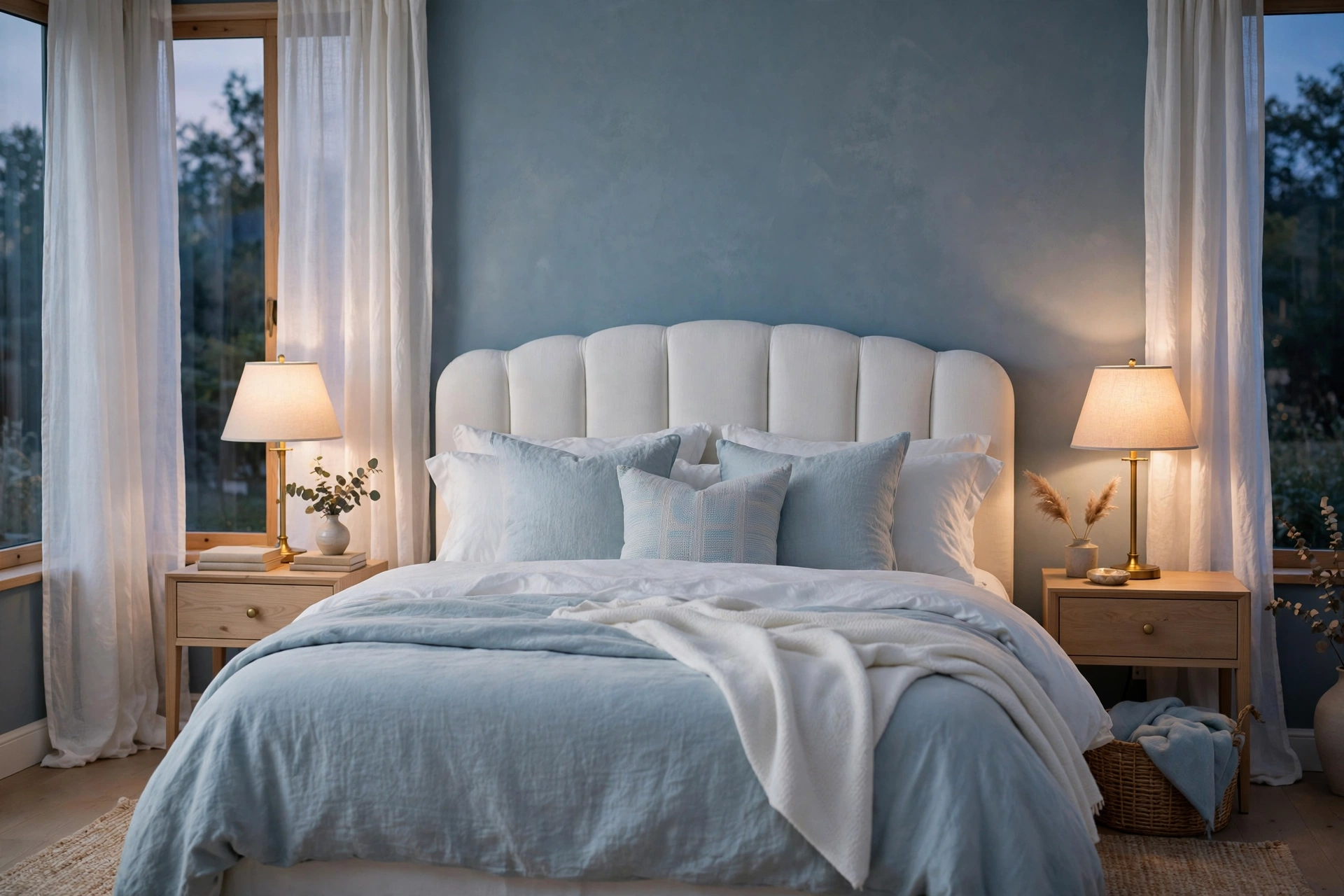 Tranquil bedroom with dusty blue painted walls, white upholstered headboard, white and pale blue bedding and warm bedside lamplight