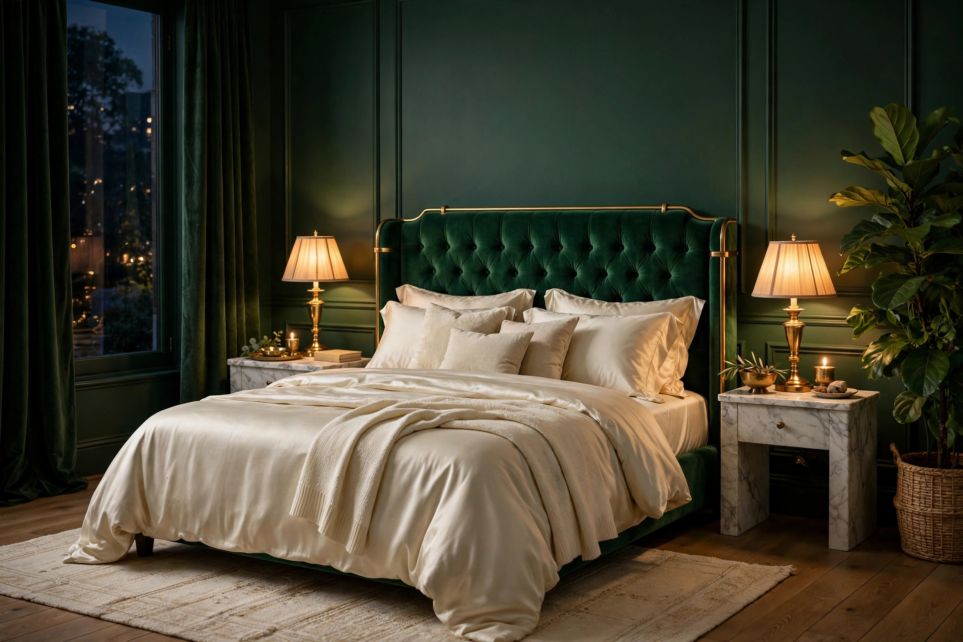 Luxurious bedroom with deep forest green painted walls, emerald velvet headboard, cream silk bedding, brass accents and a leafy plant