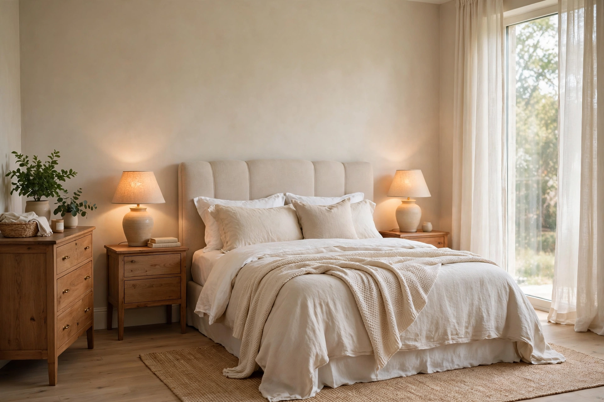 Elegant bedroom with soft warm greige walls, upholstered beige headboard, layered cream linen bedding and brass table lamps in soft morning light