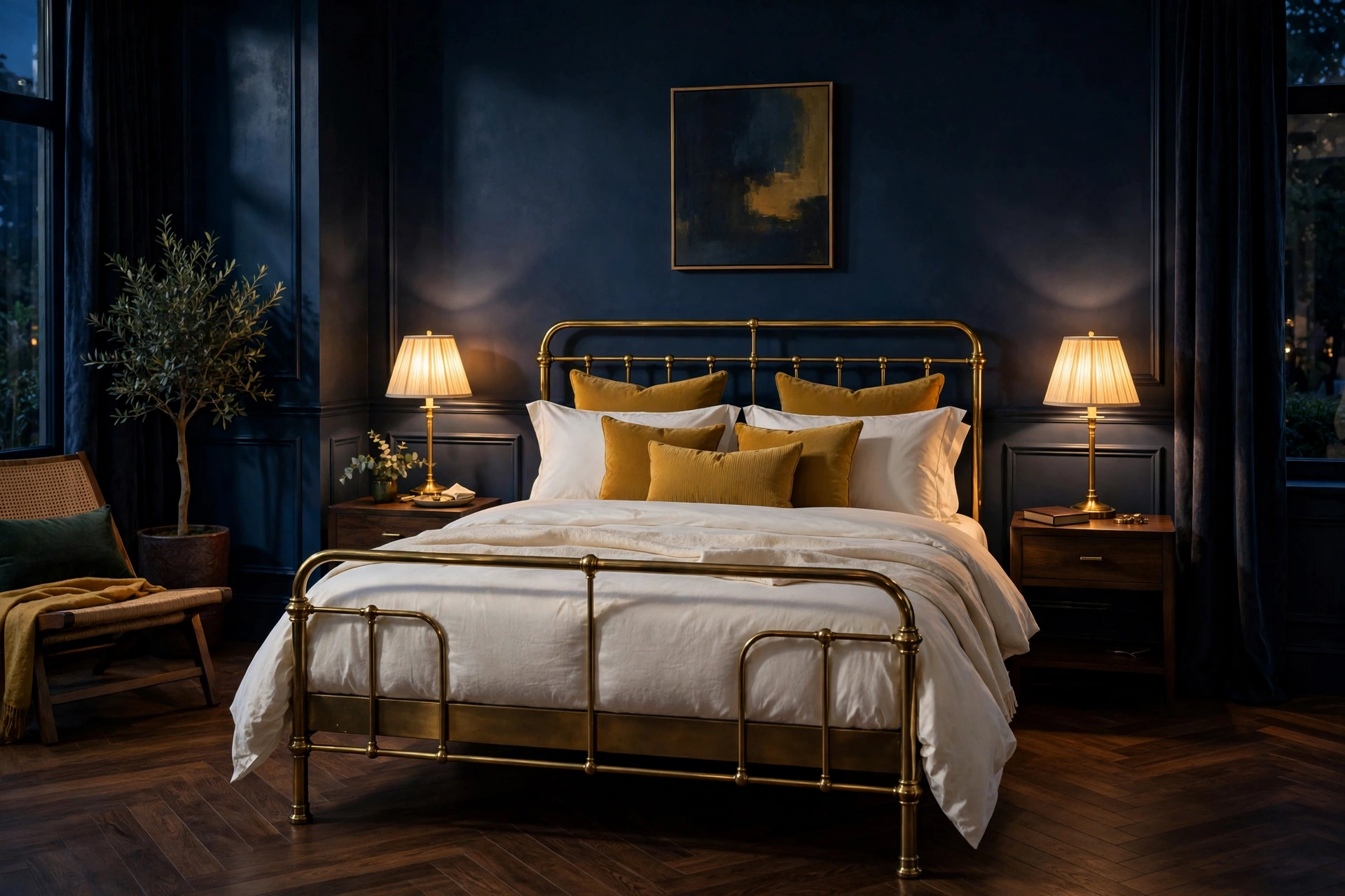 Dramatic bedroom with deep moody navy blue painted walls, brass bed frame, ivory bedding with mustard cushions and warm glowing table lamps