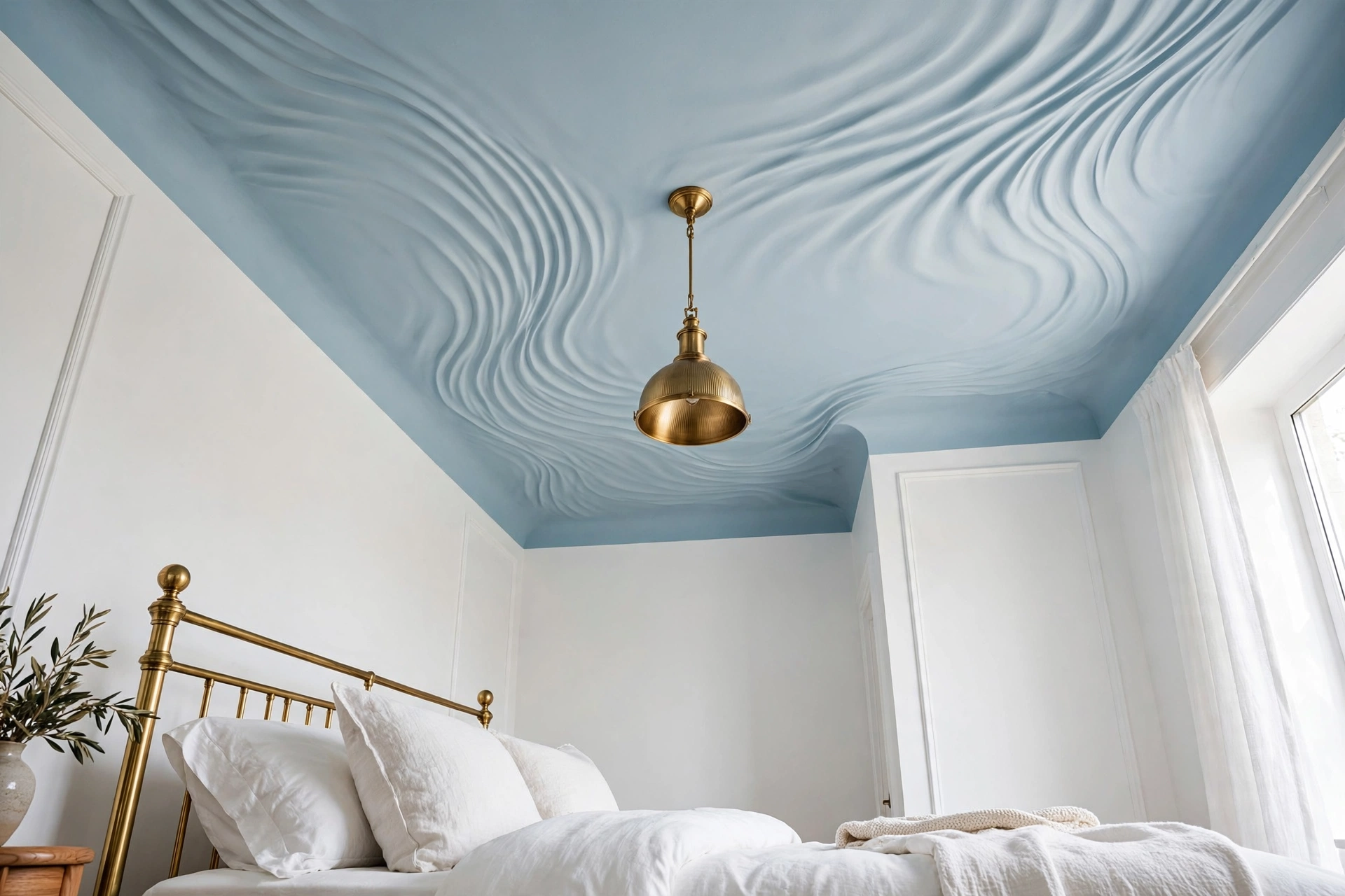 Bedroom with crisp white walls and a soft powder blue painted ceiling, brass pendant light hanging above a brass bed with white bedding