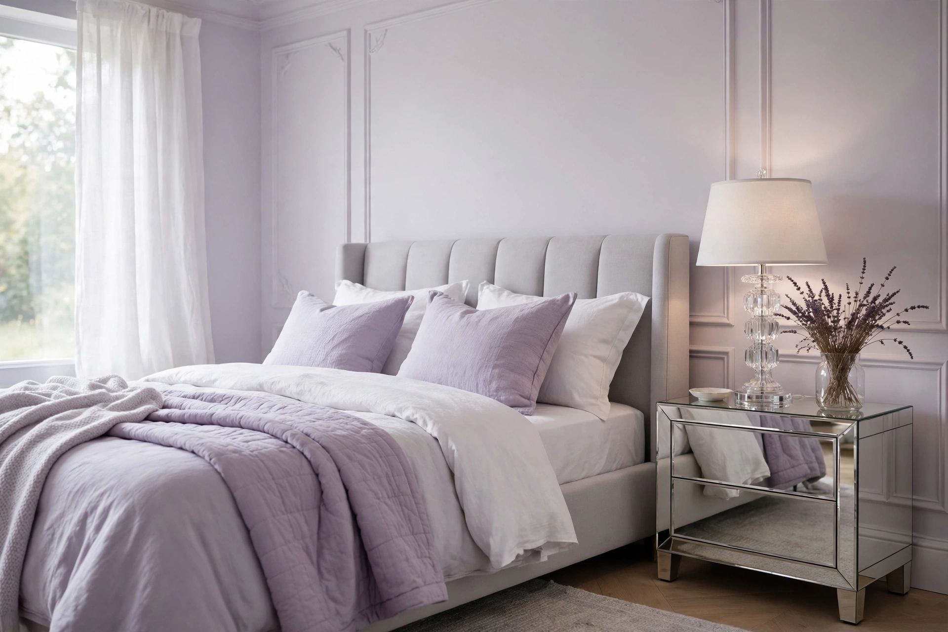 Dreamy bedroom with pale lavender painted walls, light grey upholstered headboard, lavender and white bedding and a crystal lamp