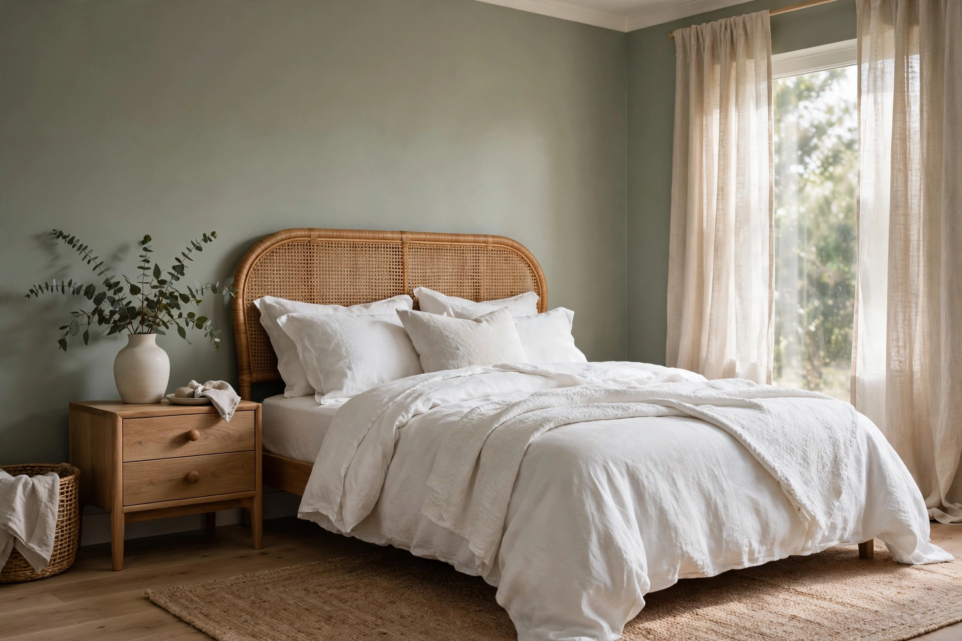 Serene bedroom with sage green painted walls, natural rattan headboard, white linen bedding, eucalyptus in a ceramic vase and a jute rug