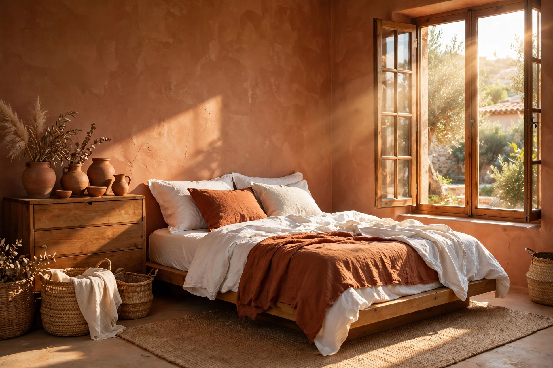 Earthy bedroom with terracotta painted walls, low wooden platform bed, white and rust linen bedding, woven baskets and golden afternoon sunlight