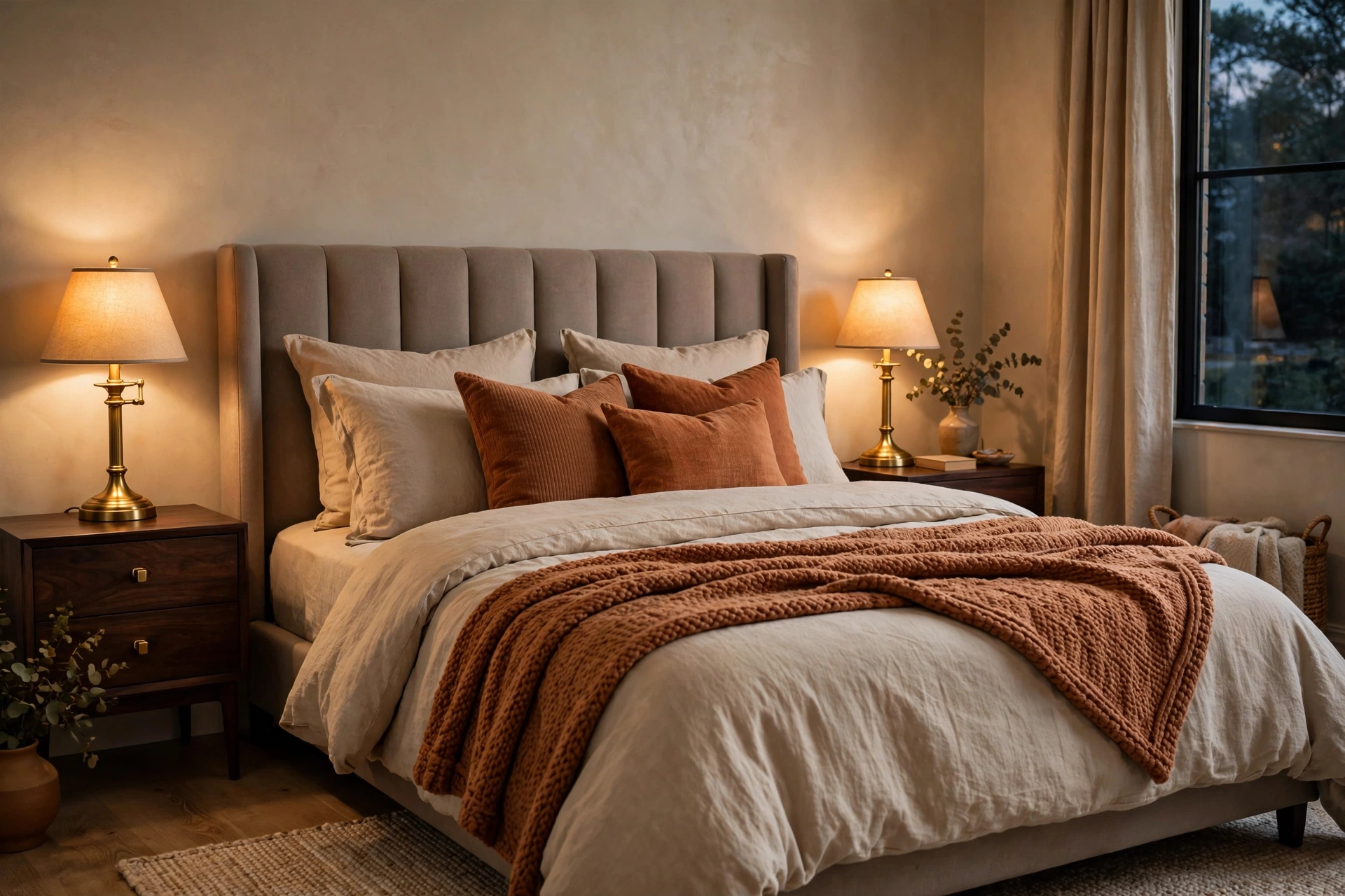 Cozy bedroom with warm greige painted walls, upholstered taupe headboard, beige and rust cushions, dark wood nightstands and a brass table lamp